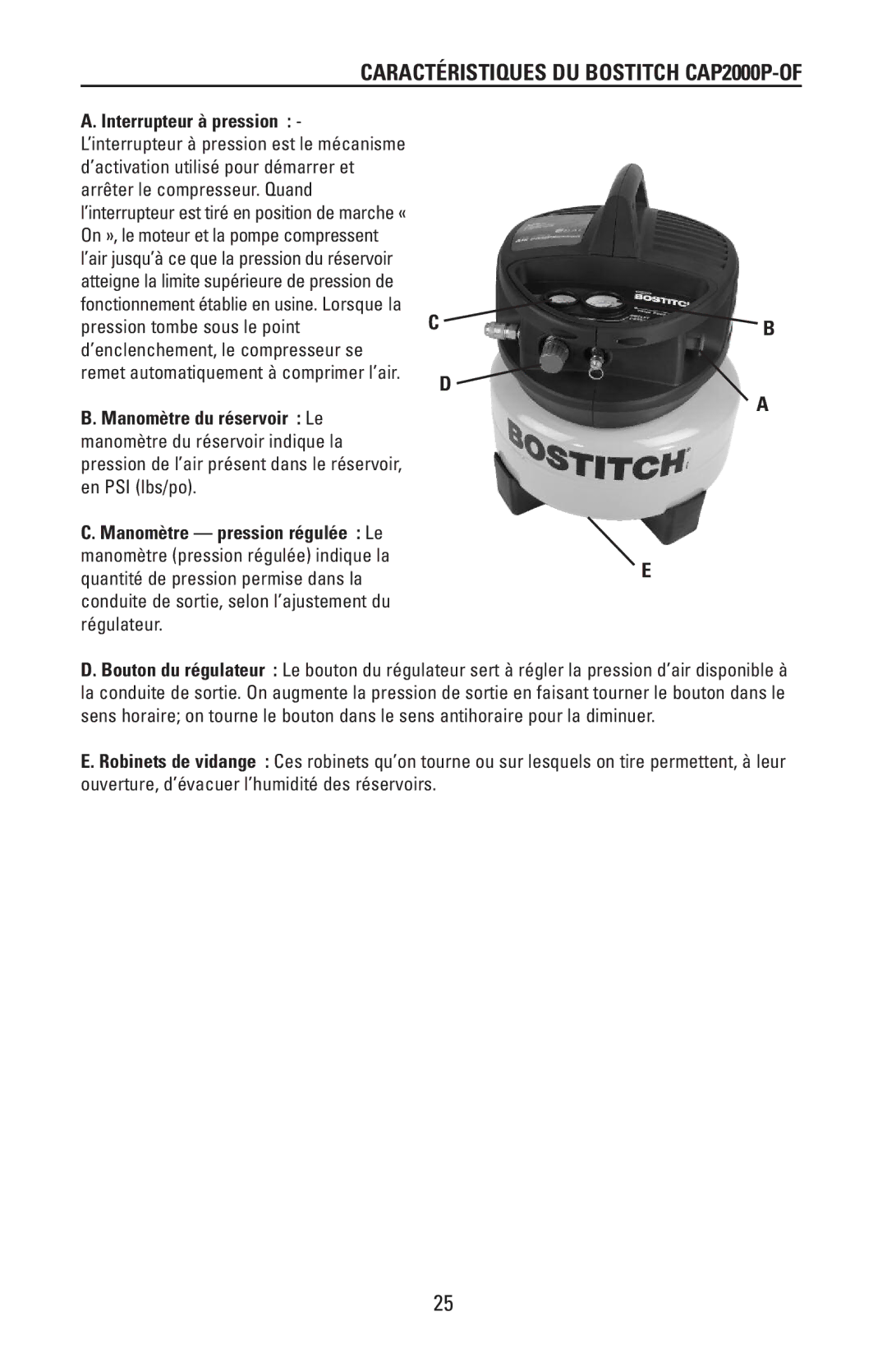 Bostitch 175869REVA manual Caractéristiques DU Bostitch CAP2000P-OF 