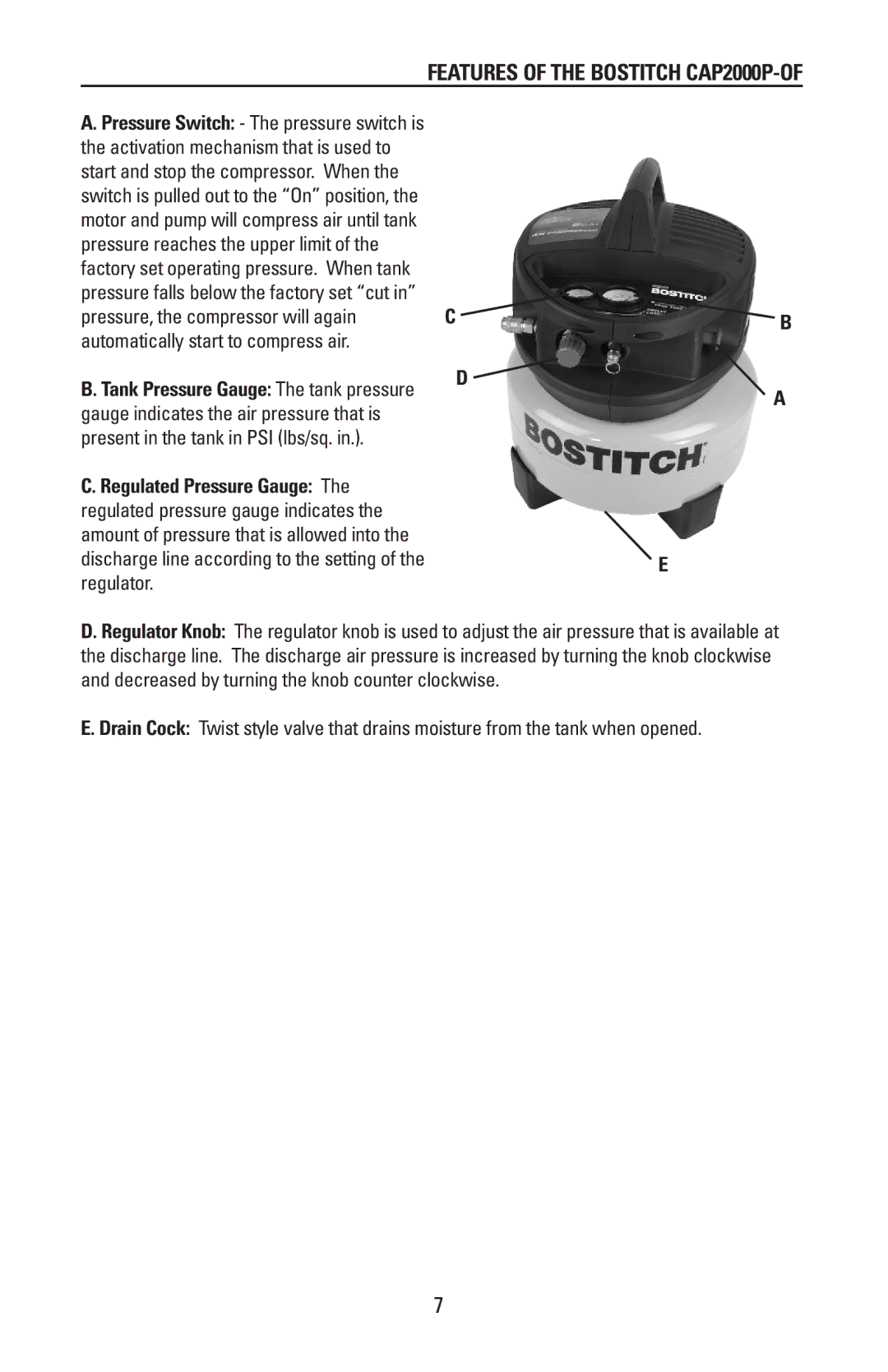 Bostitch 175869REVA manual Features of the Bostitch CAP2000P-OF 