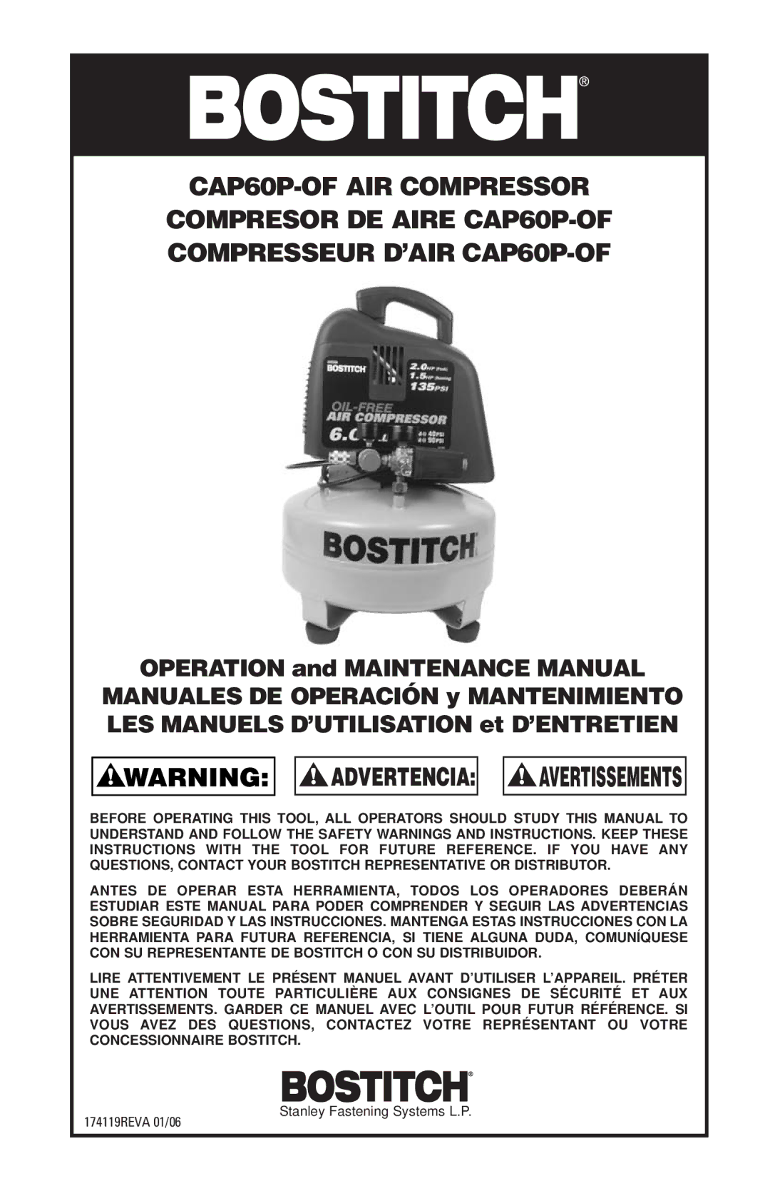 Bostitch CAP60P-OF manual Avertissements 