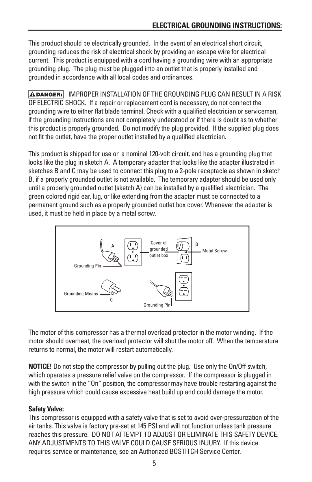 Bostitch CAP60P-OF manual Electrical Grounding Instructions, Safety Valve 