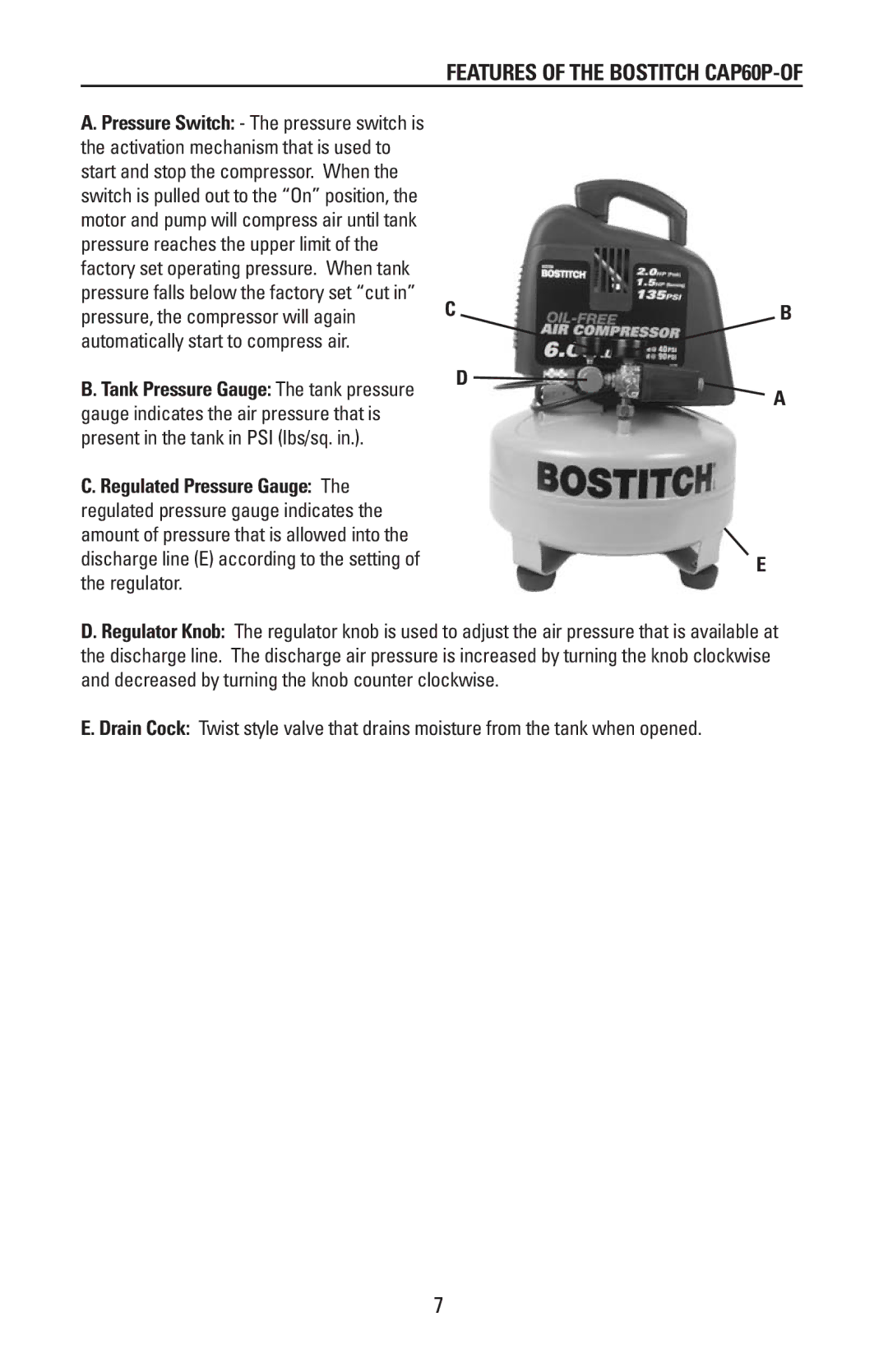 Bostitch manual Features of the Bostitch CAP60P-OF 