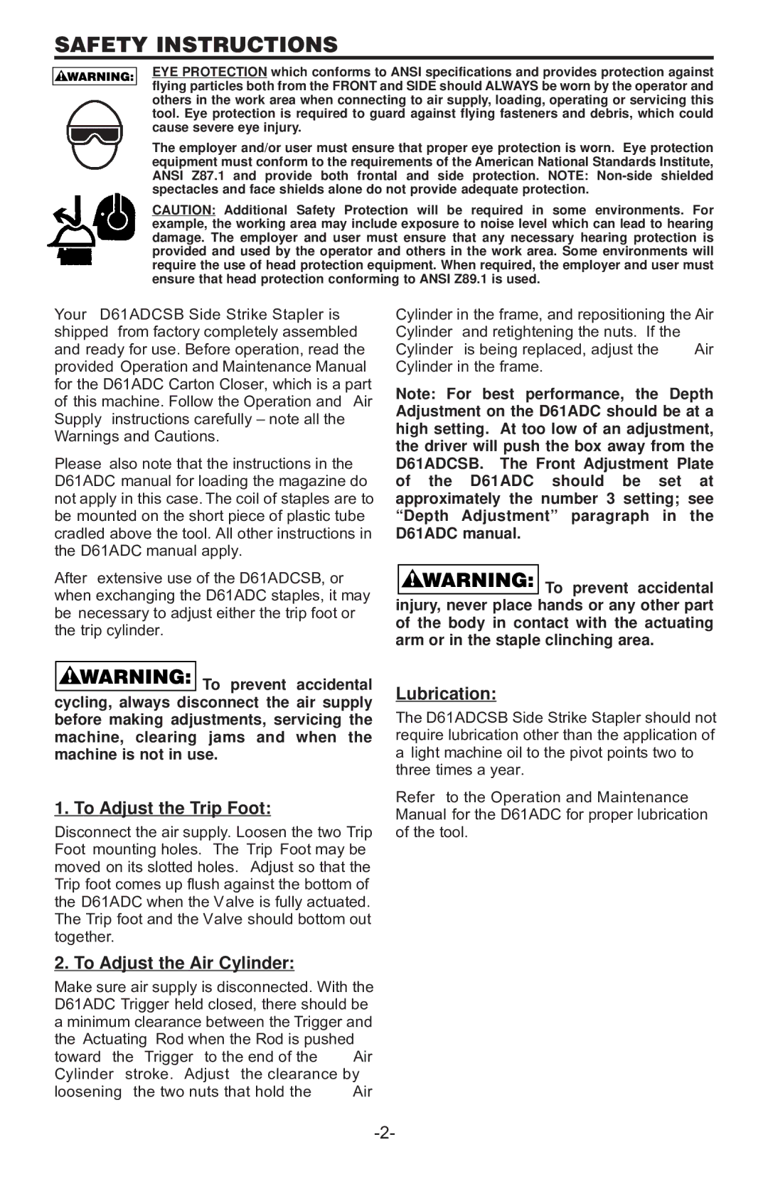 Bostitch D61ADCSB manual Safety Instructions, To Adjust the Trip Foot, Lubrication, To Adjust the Air Cylinder 