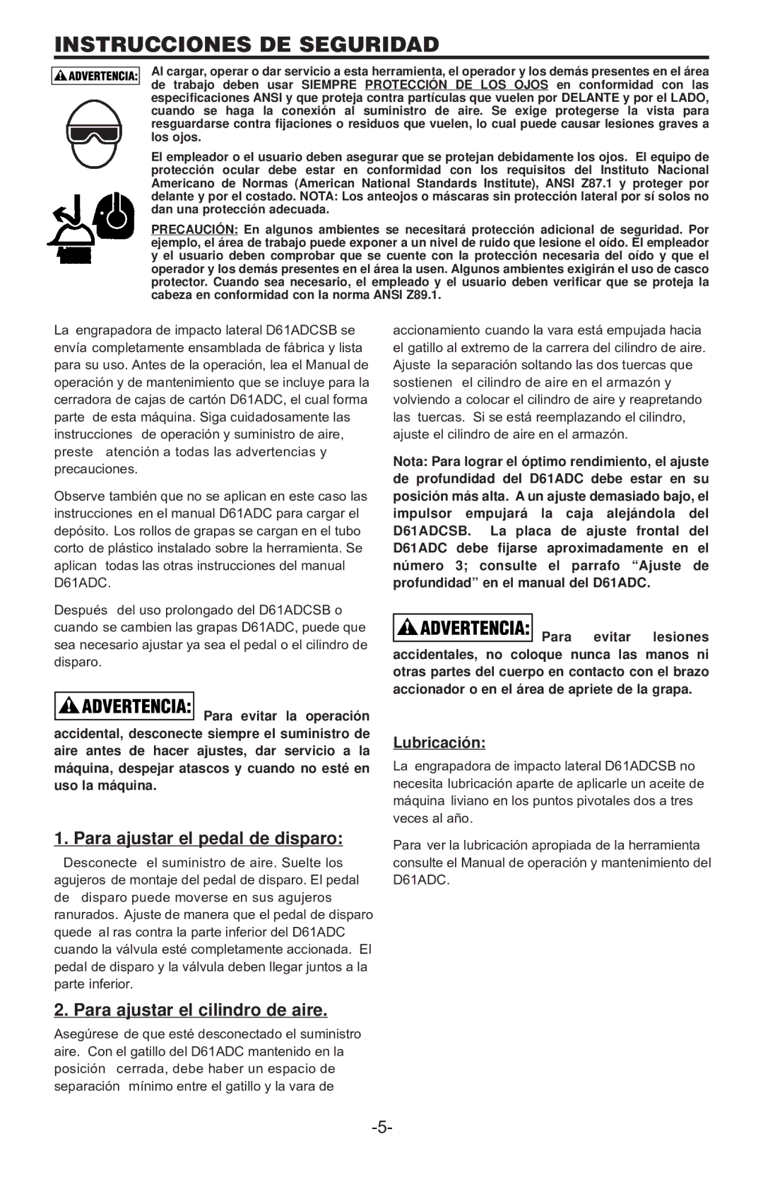 Bostitch D61ADCSB manual Instrucciones DE Seguridad, Para ajustar el pedal de disparo, Para ajustar el cilindro de aire 