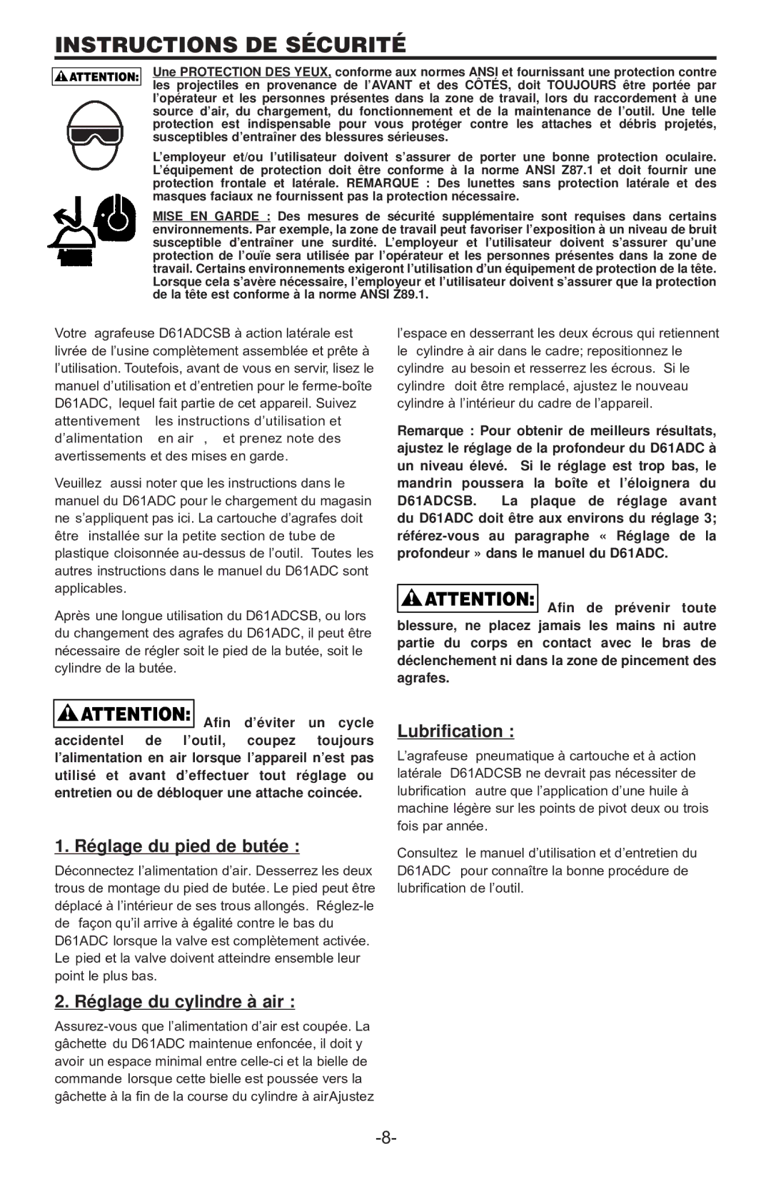 Bostitch D61ADCSB manual Instructions DE Sécurité, Réglage du pied de butée, Lubrification, Réglage du cylindre à air 