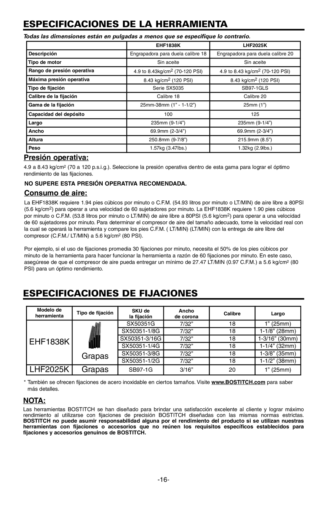 Bostitch EHF1838K Especificaciones DE LA Herramienta, Especificaciones DE Fijaciones, Presión operativa, Consumo de aire 