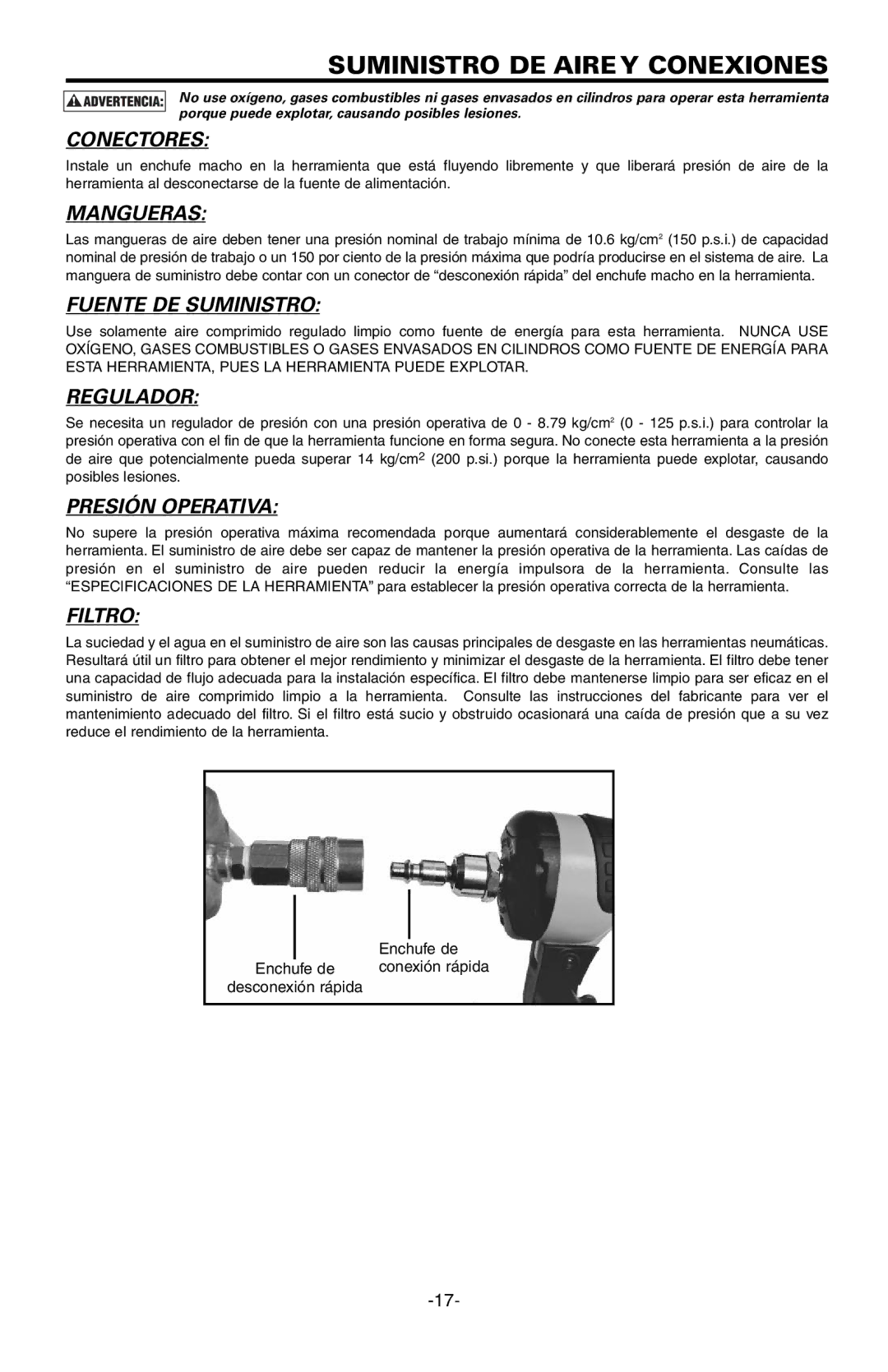 Bostitch LHF2025K, EHF1838K manual Conectores, Mangueras, Fuente DE Suministro, Regulador, Presión Operativa, Filtro 