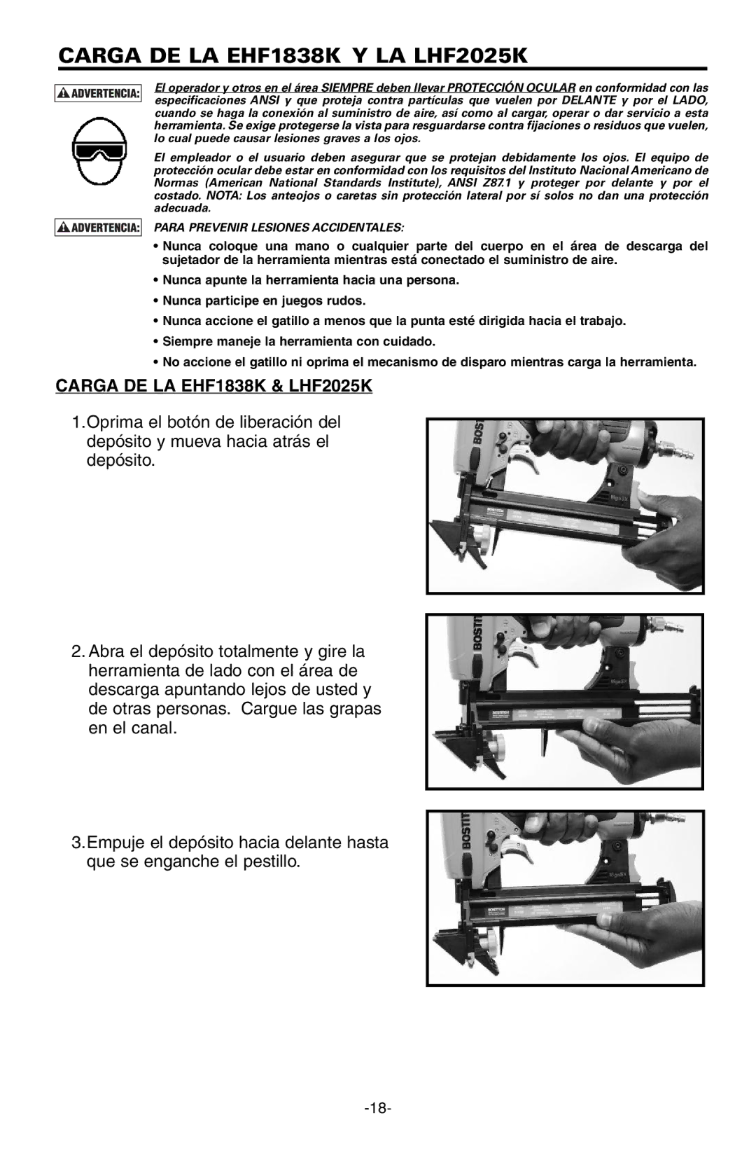 Bostitch manual Carga DE LA EHF1838K Y LA LHF2025K, Carga DE LA EHF1838K & LHF2025K 