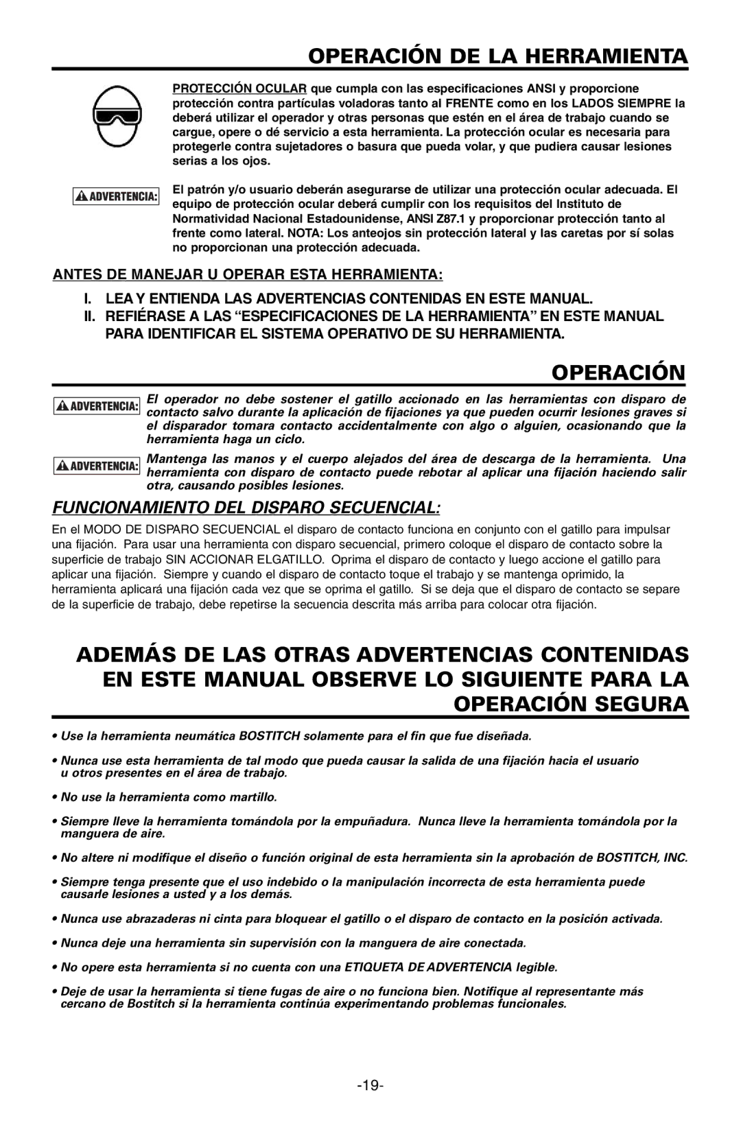 Bostitch LHF2025K, EHF1838K manual Operación DE LA Herramienta, Funcionamiento DEL Disparo Secuencial 