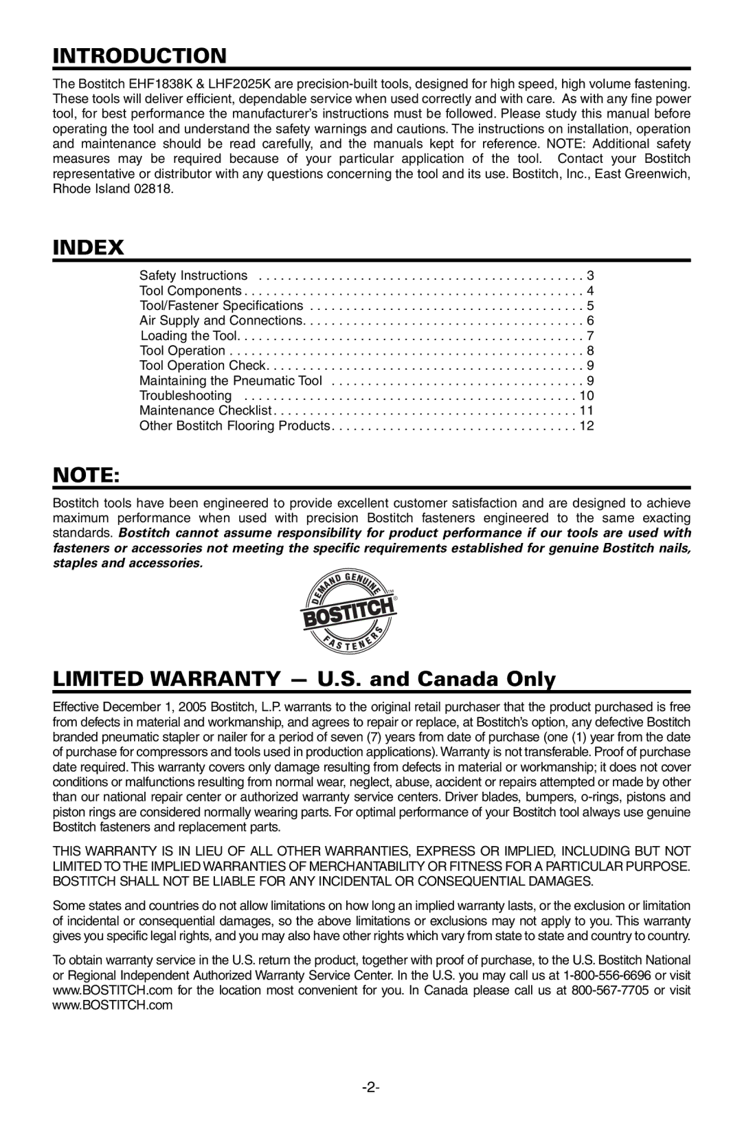 Bostitch EHF1838K, LHF2025K manual Introduction, Index 