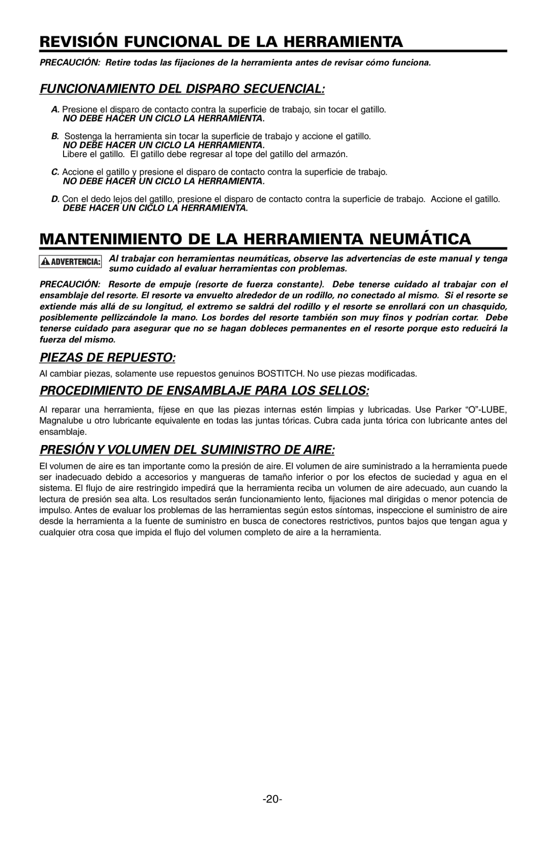 Bostitch EHF1838K Revisión Funcional DE LA Herramienta, Mantenimiento DE LA Herramienta Neumática, Piezas DE Repuesto 