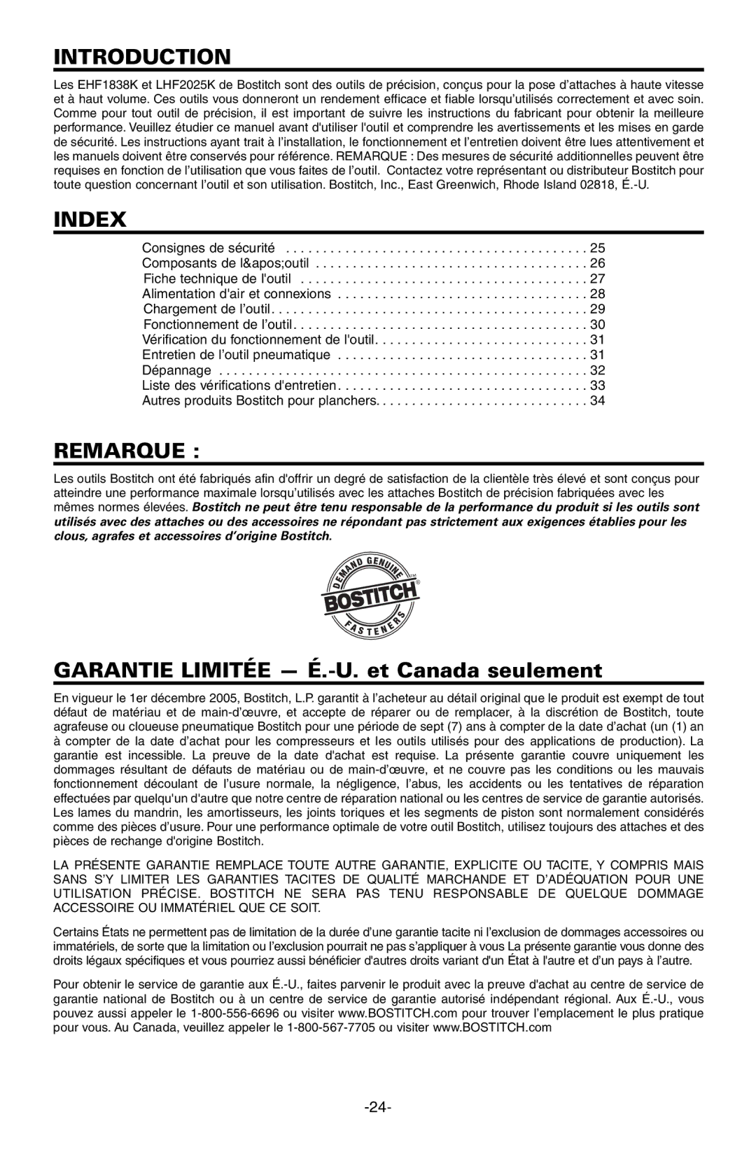 Bostitch EHF1838K, LHF2025K manual Remarque, Garantie Limitée É.-U. et Canada seulement 