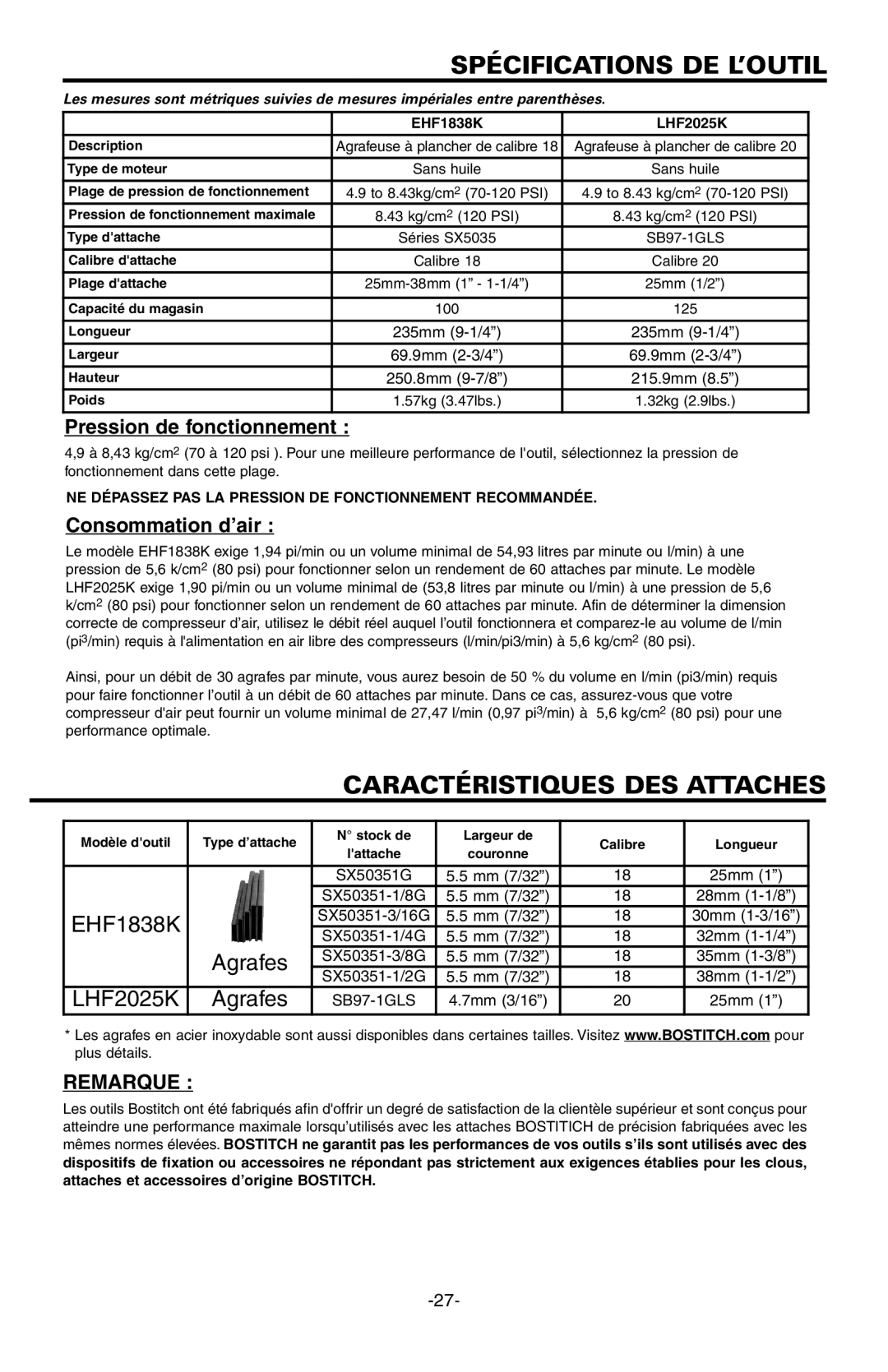 Bostitch LHF2025K Spécifications DE L’OUTIL, Caractéristiques DES Attaches, Pression de fonctionnement, Consommation d’air 