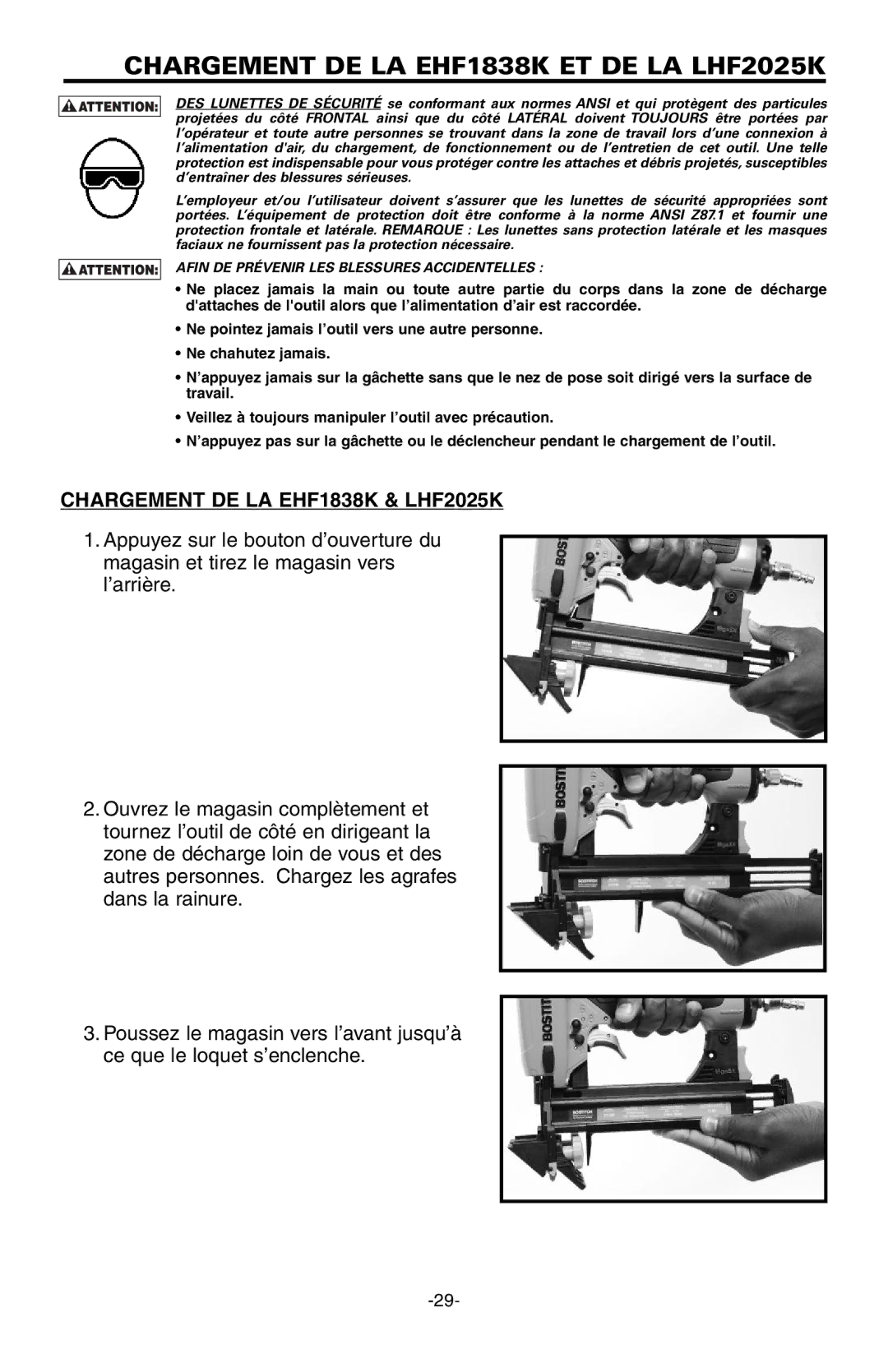 Bostitch manual Chargement DE LA EHF1838K ET DE LA LHF2025K, Chargement DE LA EHF1838K & LHF2025K 