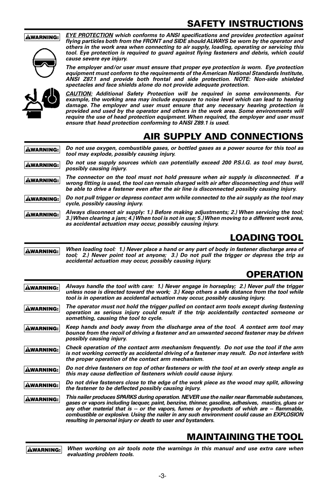 Bostitch LHF2025K, EHF1838K Safety Instructions, AIR Supply and Connections, Loadingtool, Operation, Maintainingthetool 