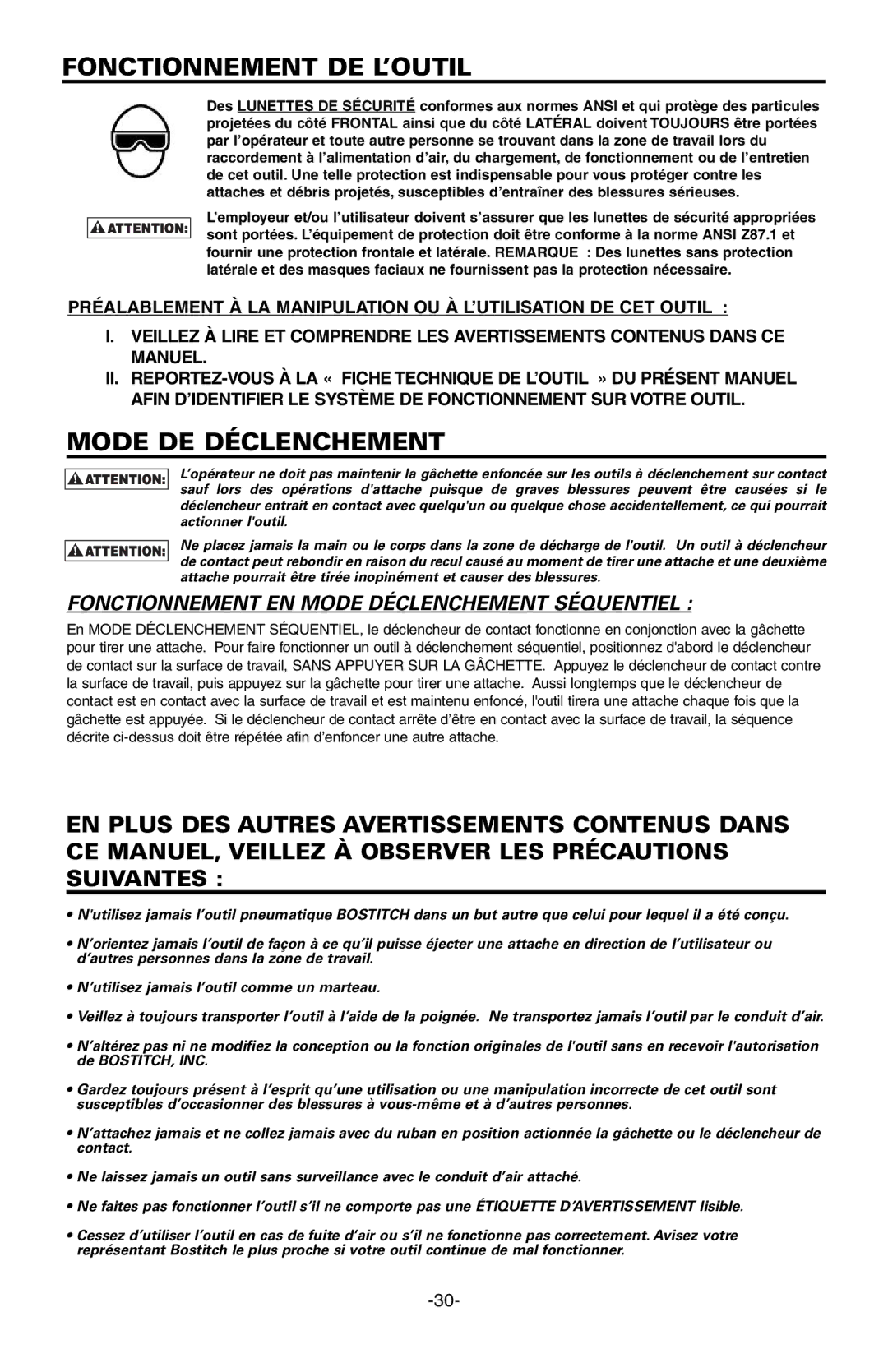 Bostitch EHF1838K manual Fonctionnement DE L’OUTIL, Mode DE Déclenchement, Fonctionnement EN Mode Déclenchement Séquentiel 