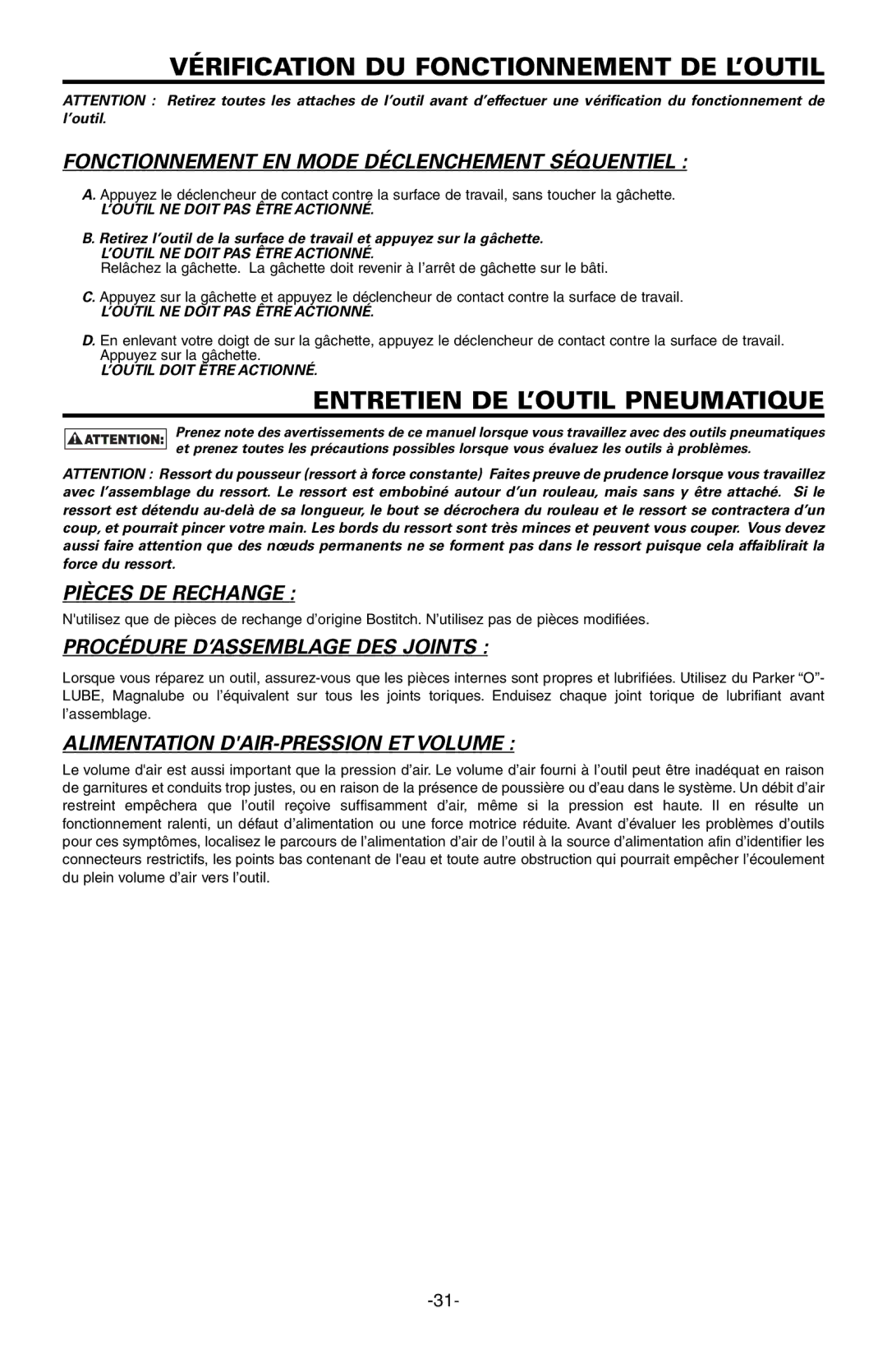 Bostitch LHF2025K, EHF1838K Vérification DU Fonctionnement DE L’OUTIL, Entretien DE L’OUTILPNEUMATIQUE, Pièces DE Rechange 