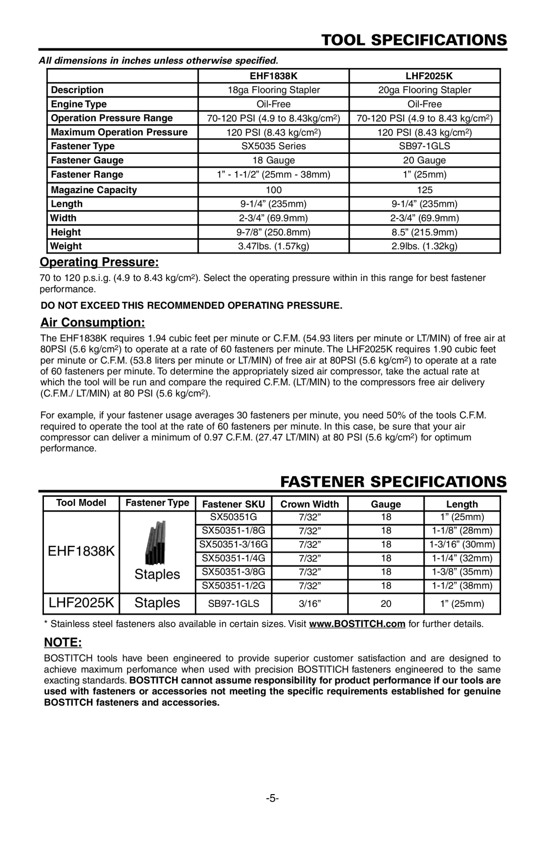 Bostitch LHF2025K, EHF1838K manual Tool Specifications, Fastener Specifications, Operating Pressure, Air Consumption 