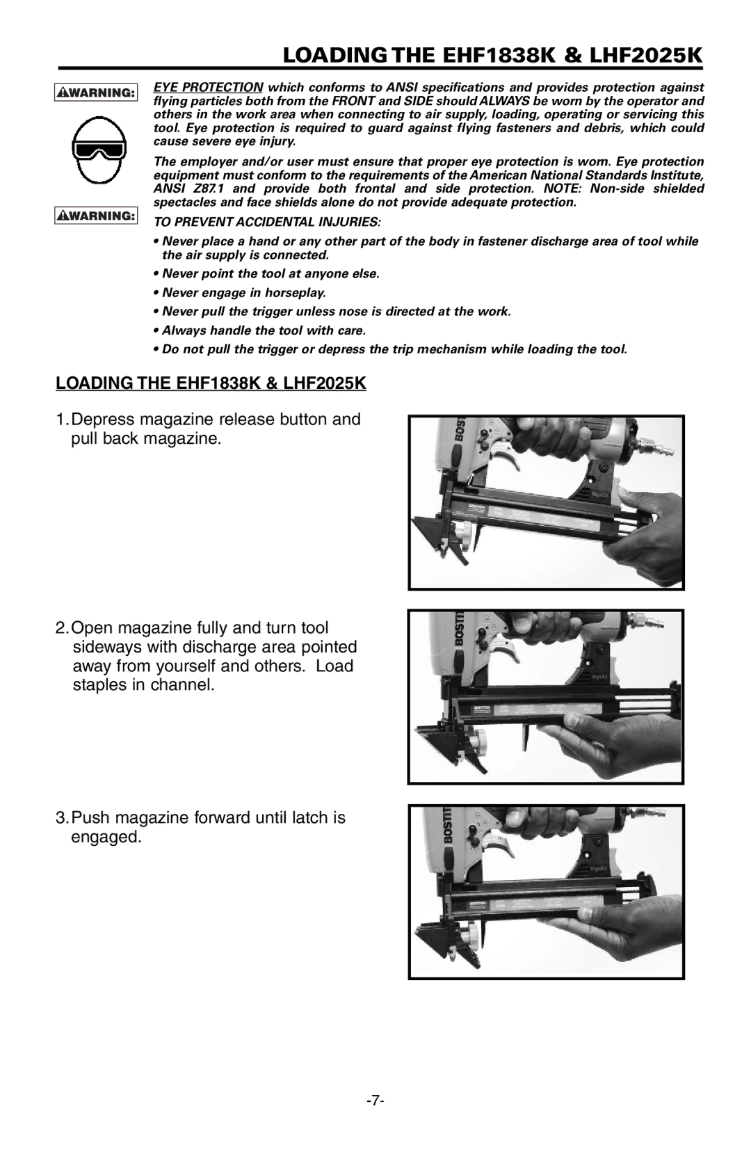 Bostitch manual Loadingthe EHF1838K & LHF2025K, Loading the EHF1838K & LHF2025K 