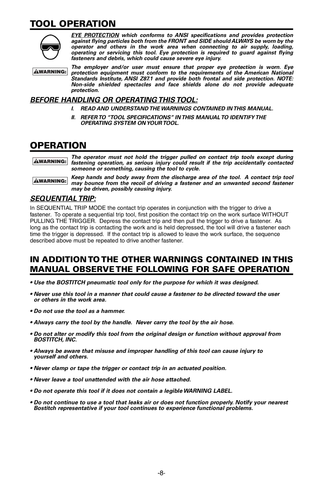 Bostitch EHF1838K, LHF2025K manual Tool Operation, Before Handling or Operating this Tool, Sequential Trip 