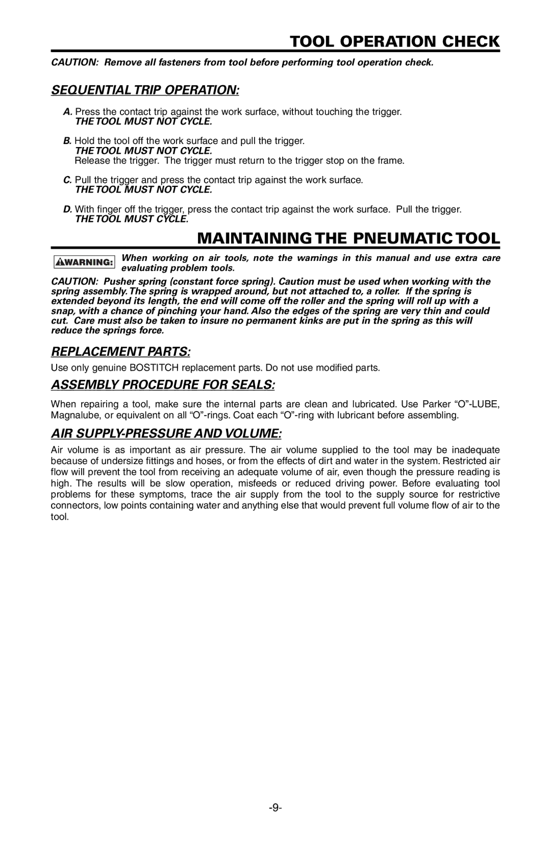 Bostitch LHF2025K, EHF1838K manual Tool Operation Check, Maintainingthe Pneumatictool 