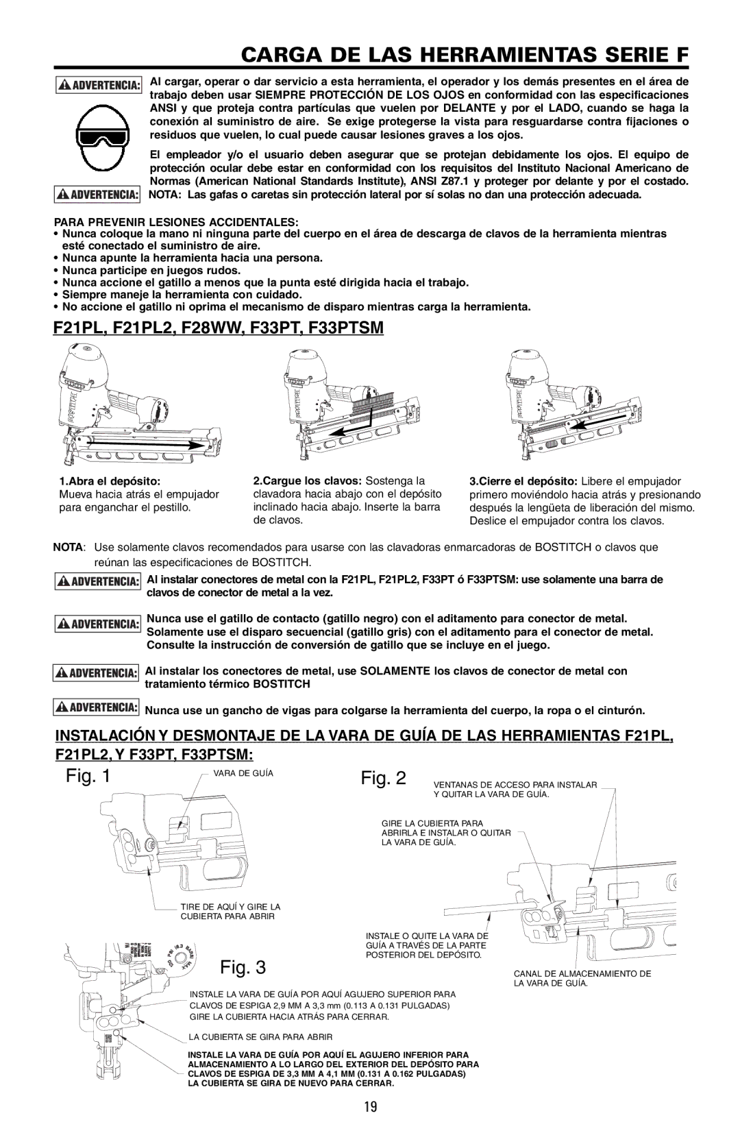 Bostitch F33PTSM, F21PL2, F28WW manual Carga DE LAS Herramientas Serie F, Para Prevenir Lesiones Accidentales 