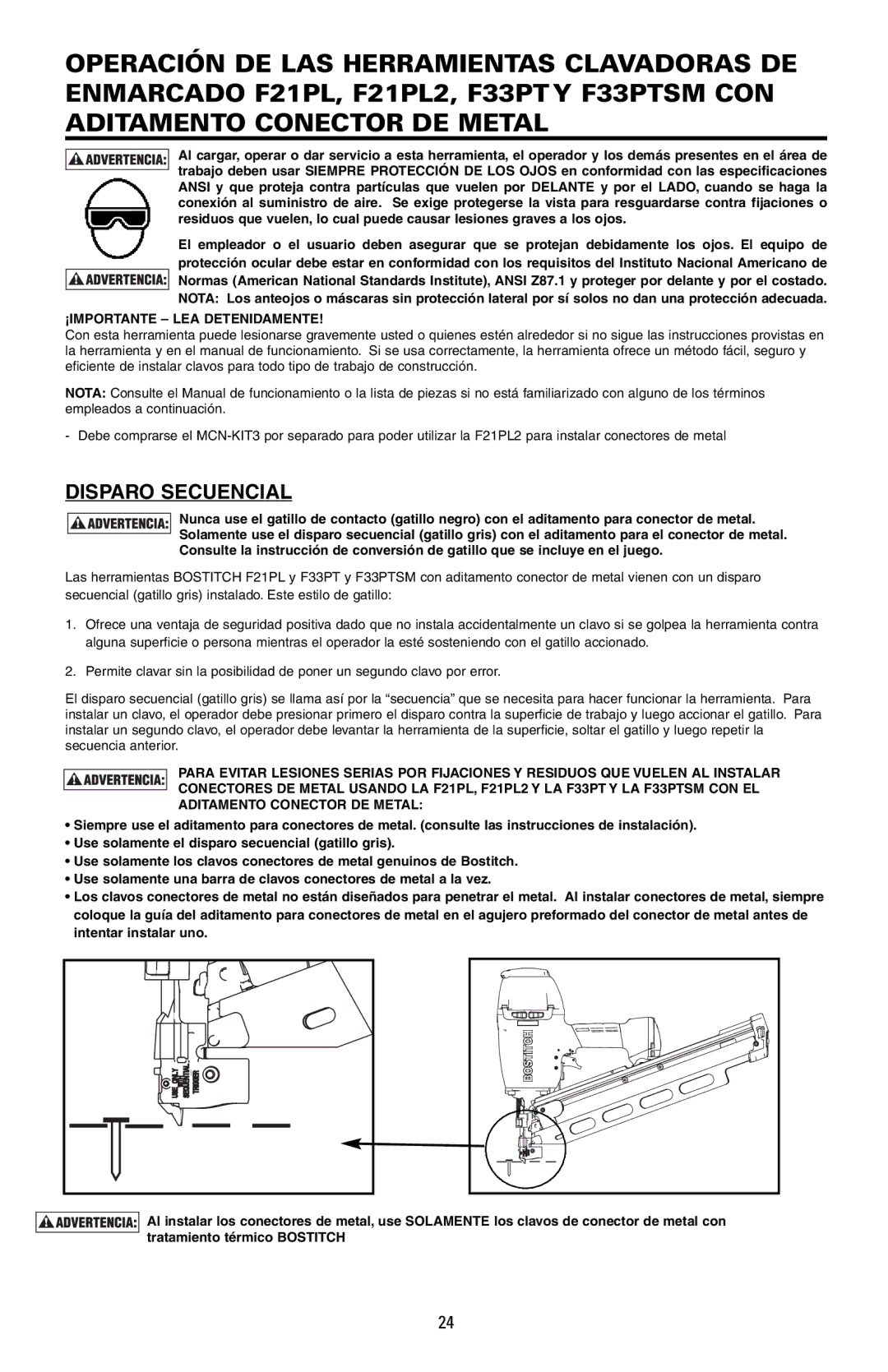 Bostitch F33PTSM, F21PL2, F28WW manual Disparo Secuencial, ¡IMPORTANTE LEA Detenidamente 