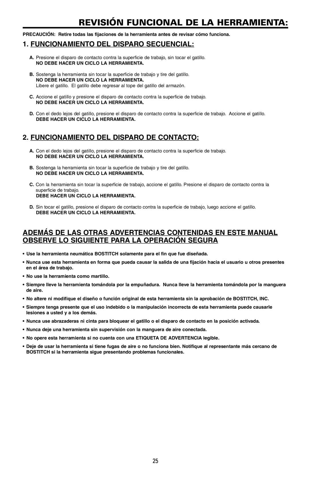 Bostitch F21PL2, F28WW, F33PTSM manual Revisión Funcional DE LA Herramienta, Funcionamiento DEL Disparo Secuencial 