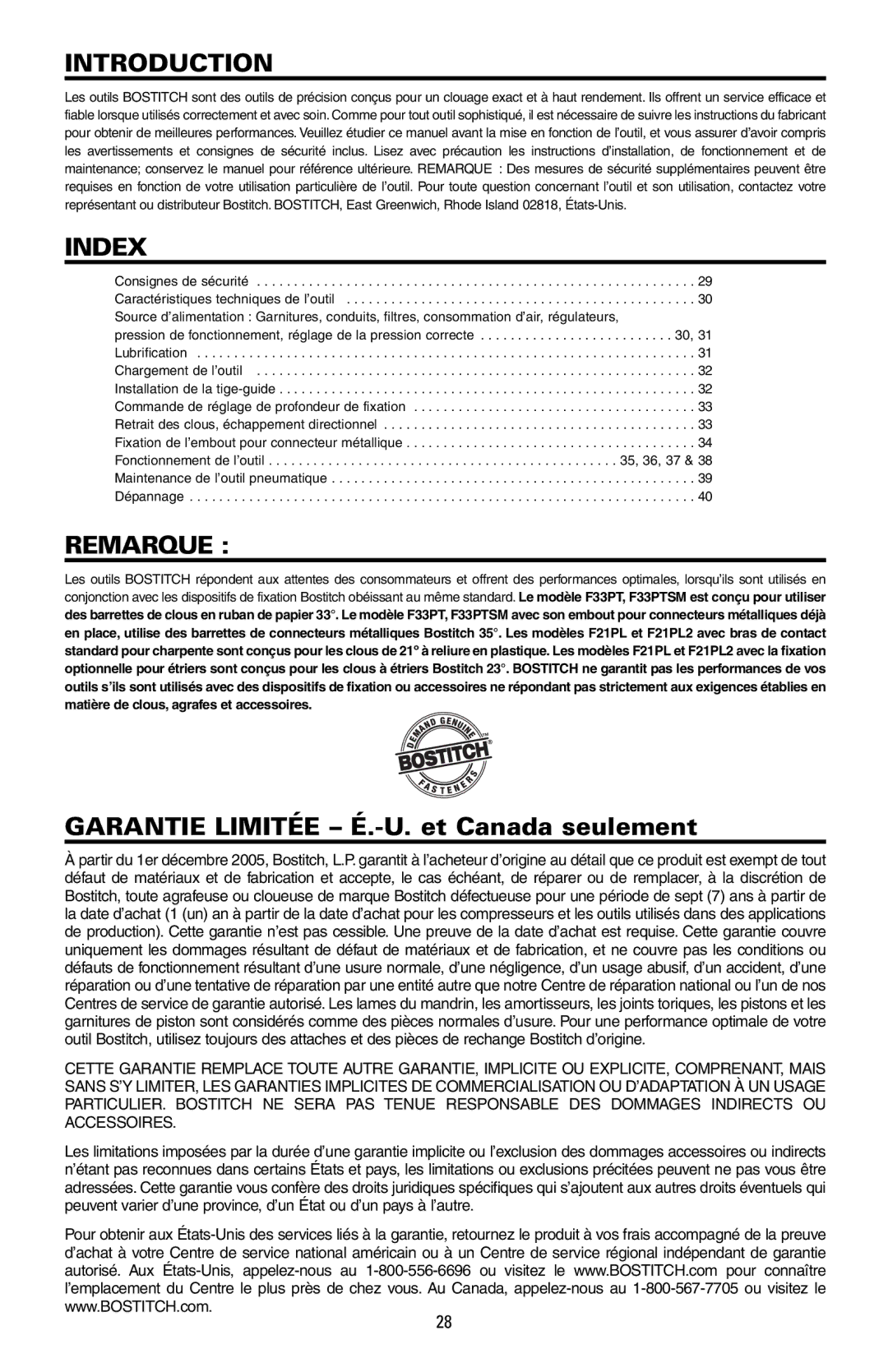 Bostitch F21PL2, F28WW, F33PTSM manual Remarque, Garantie Limitée É.-U. et Canada seulement 