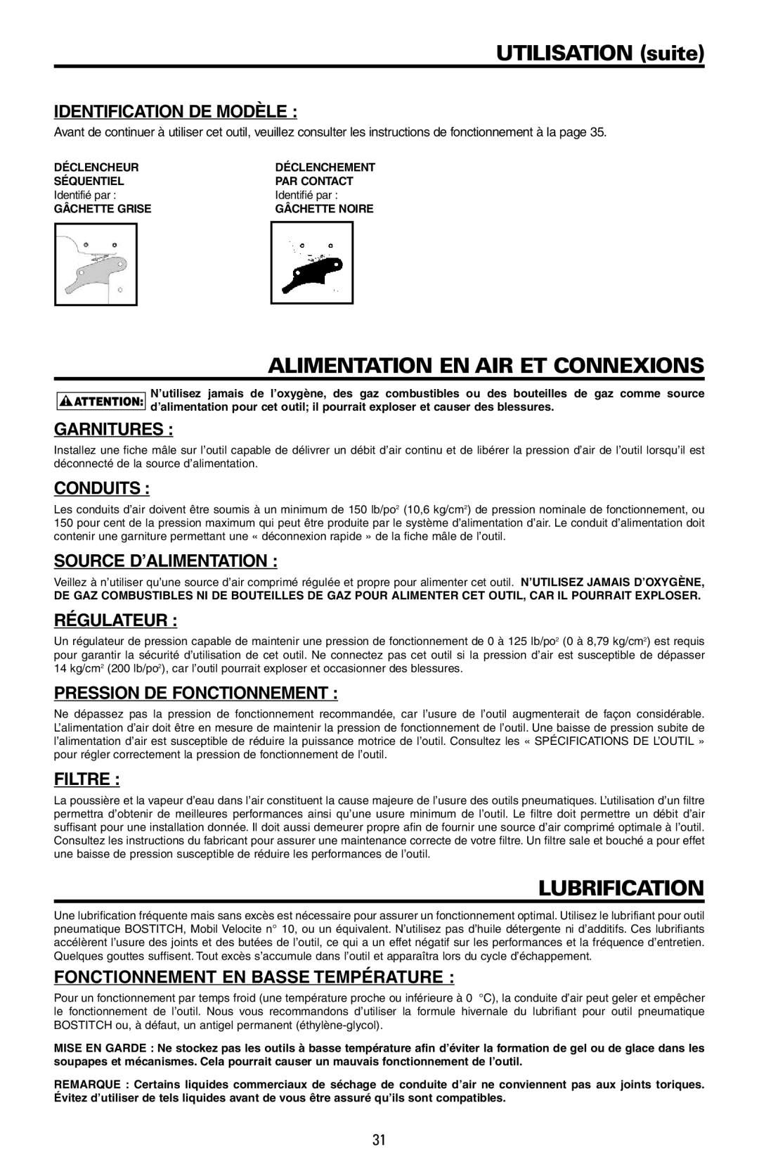 Bostitch F28WW, F21PL2, F33PTSM manual Utilisation suite, Alimentation EN AIR ET Connexions, Lubrification 