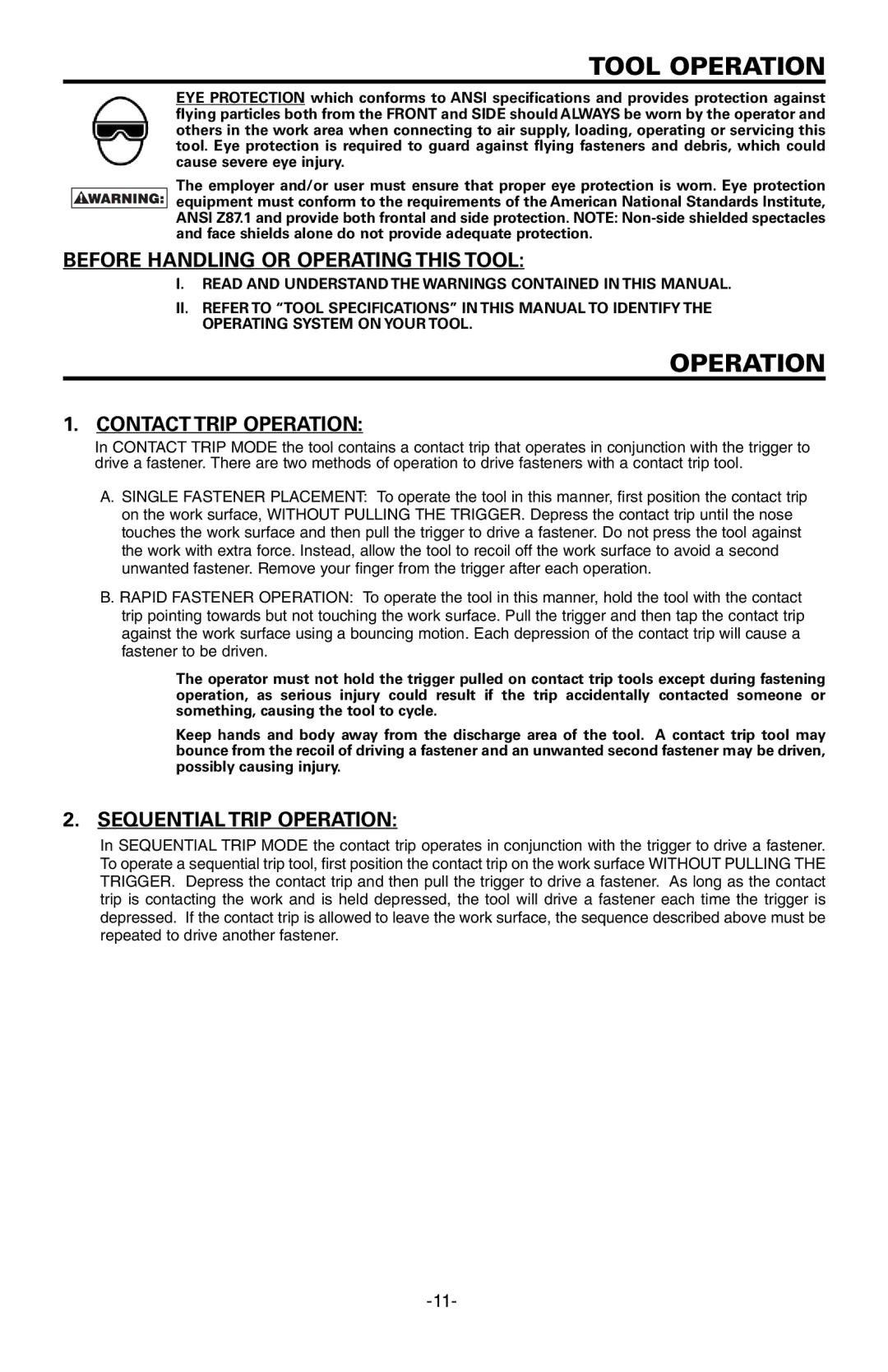 Bostitch FN1664 Tool Operation, Before Handling or Operating this Tool, Contact Trip Operation, Sequentialtrip Operation 