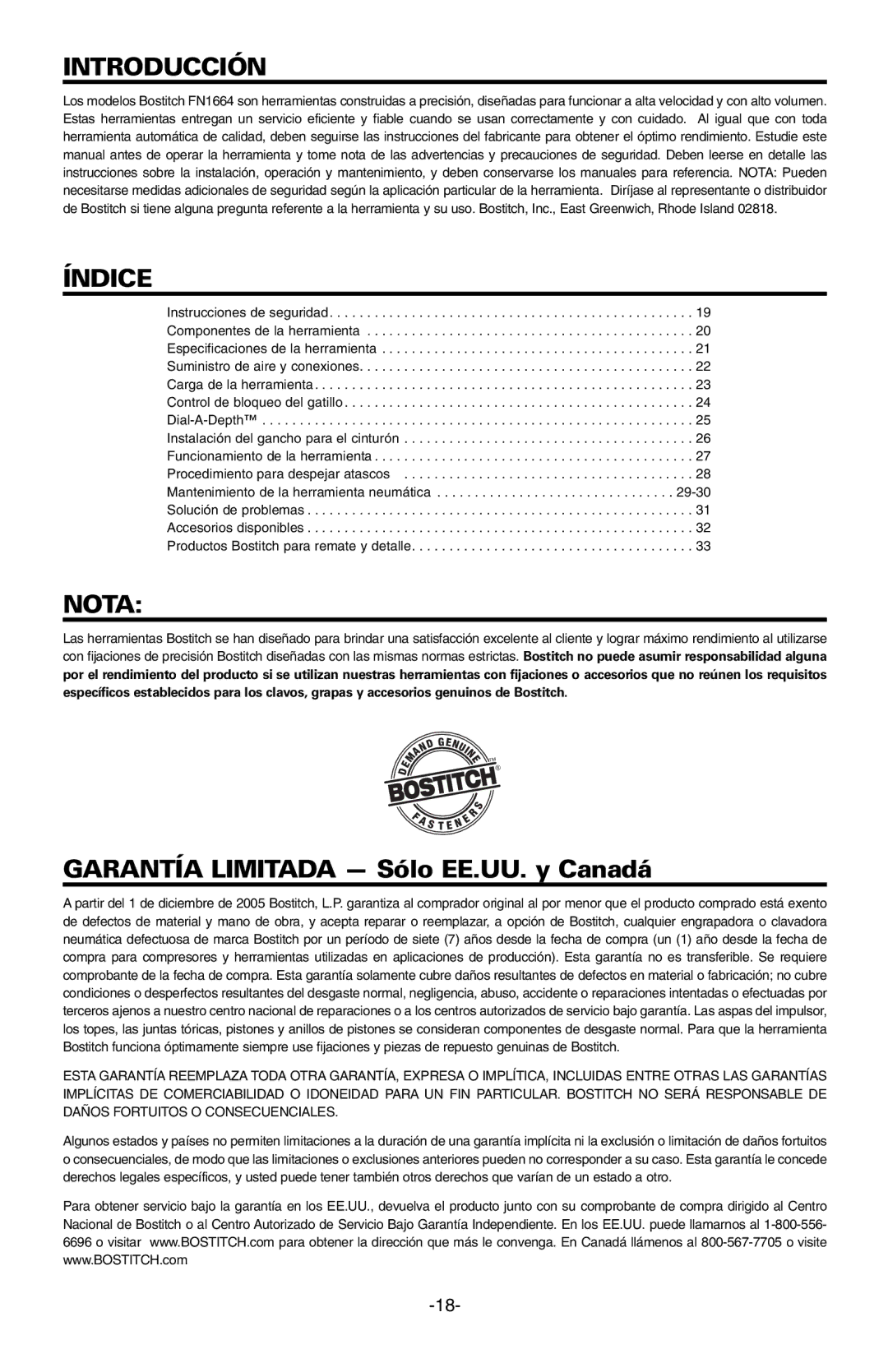 Bostitch FN1664 manual Introducción, Índice, Nota 