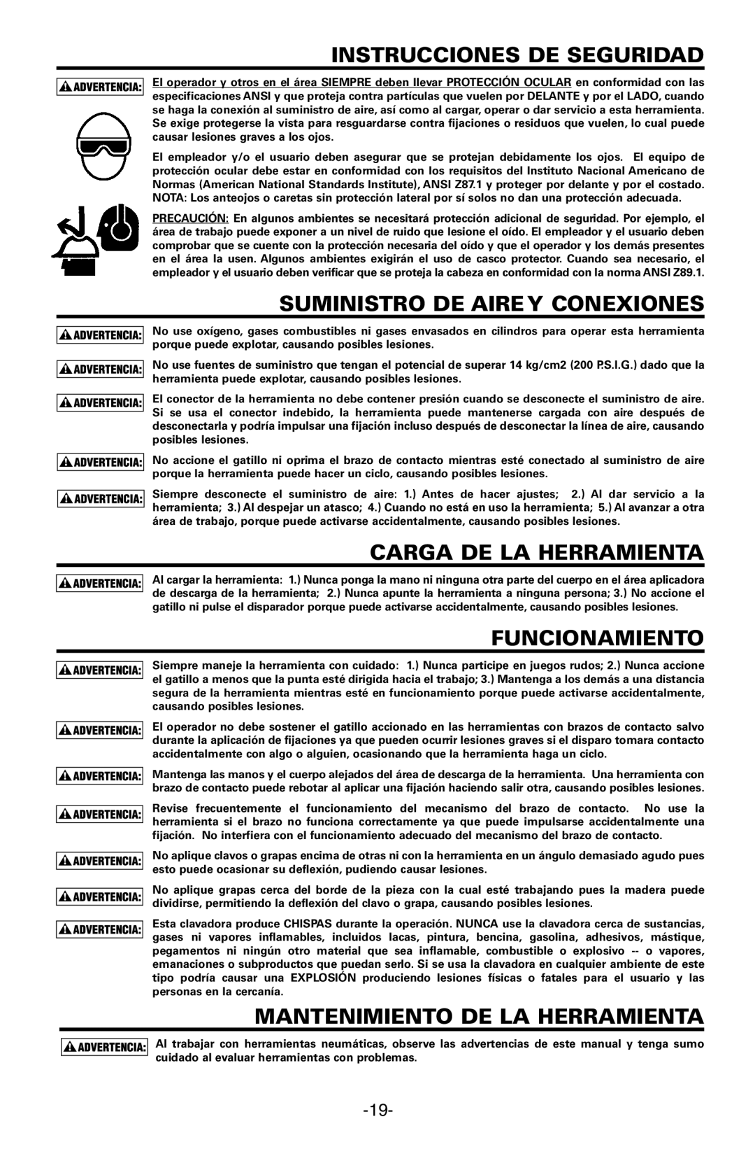 Bostitch FN1664 manual Instrucciones DE Seguridad, Suministro DE Airey Conexiones, Carga DE LA Herramienta, Funcionamiento 