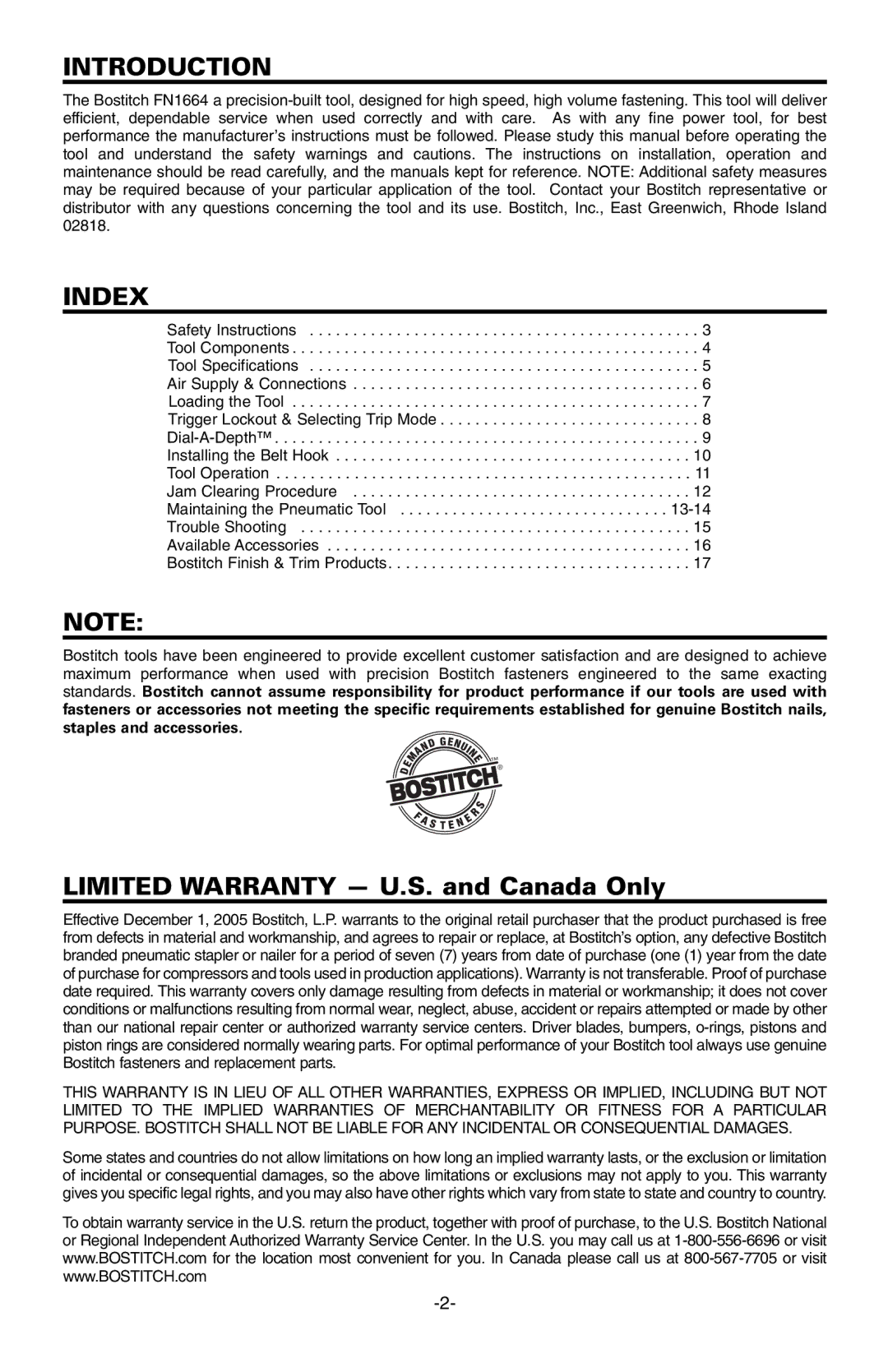 Bostitch FN1664 manual Introduction, Index 