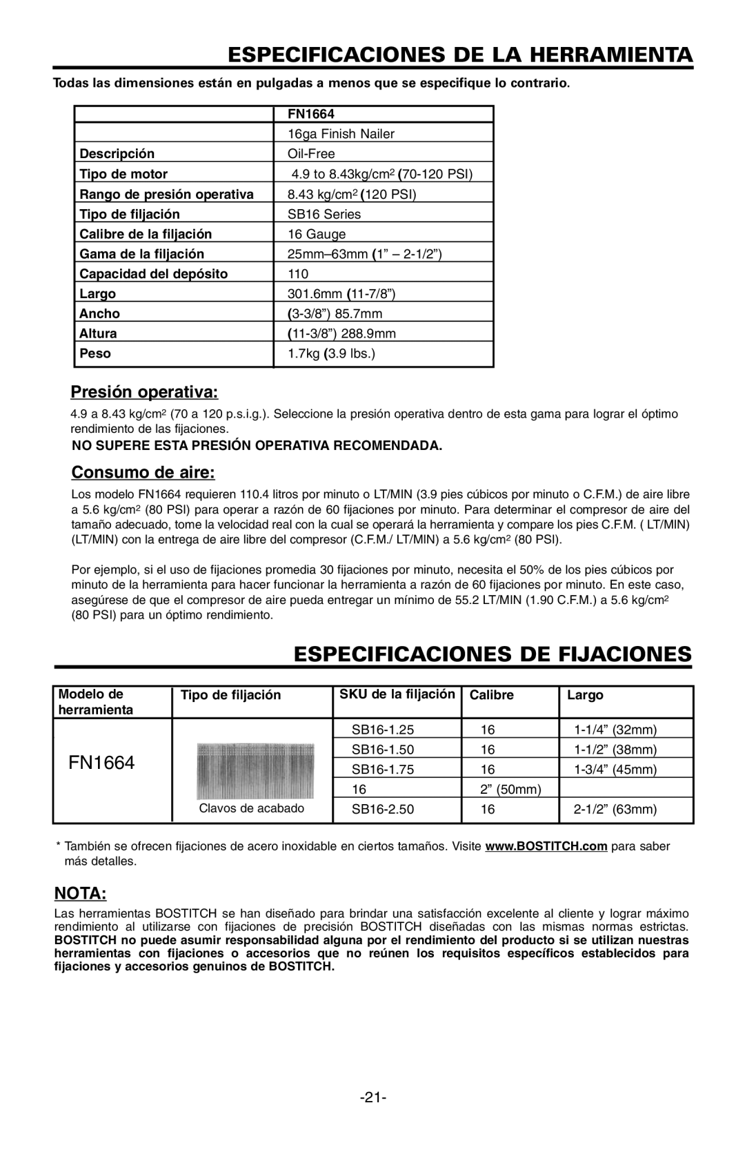 Bostitch FN1664 manual Especificaciones DE LA Herramienta, Especificaciones DE Fijaciones 