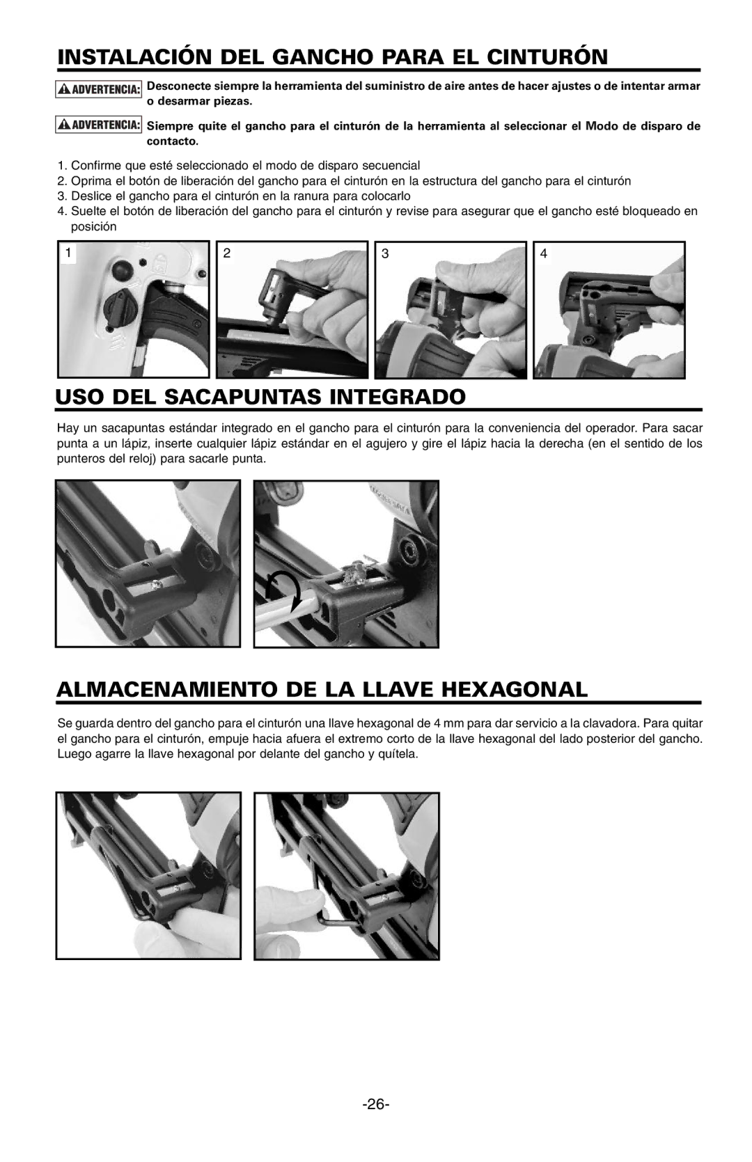 Bostitch FN1664 manual Instalación DEL Gancho Para EL Cinturón, USO DEL Sacapuntas Integrado 