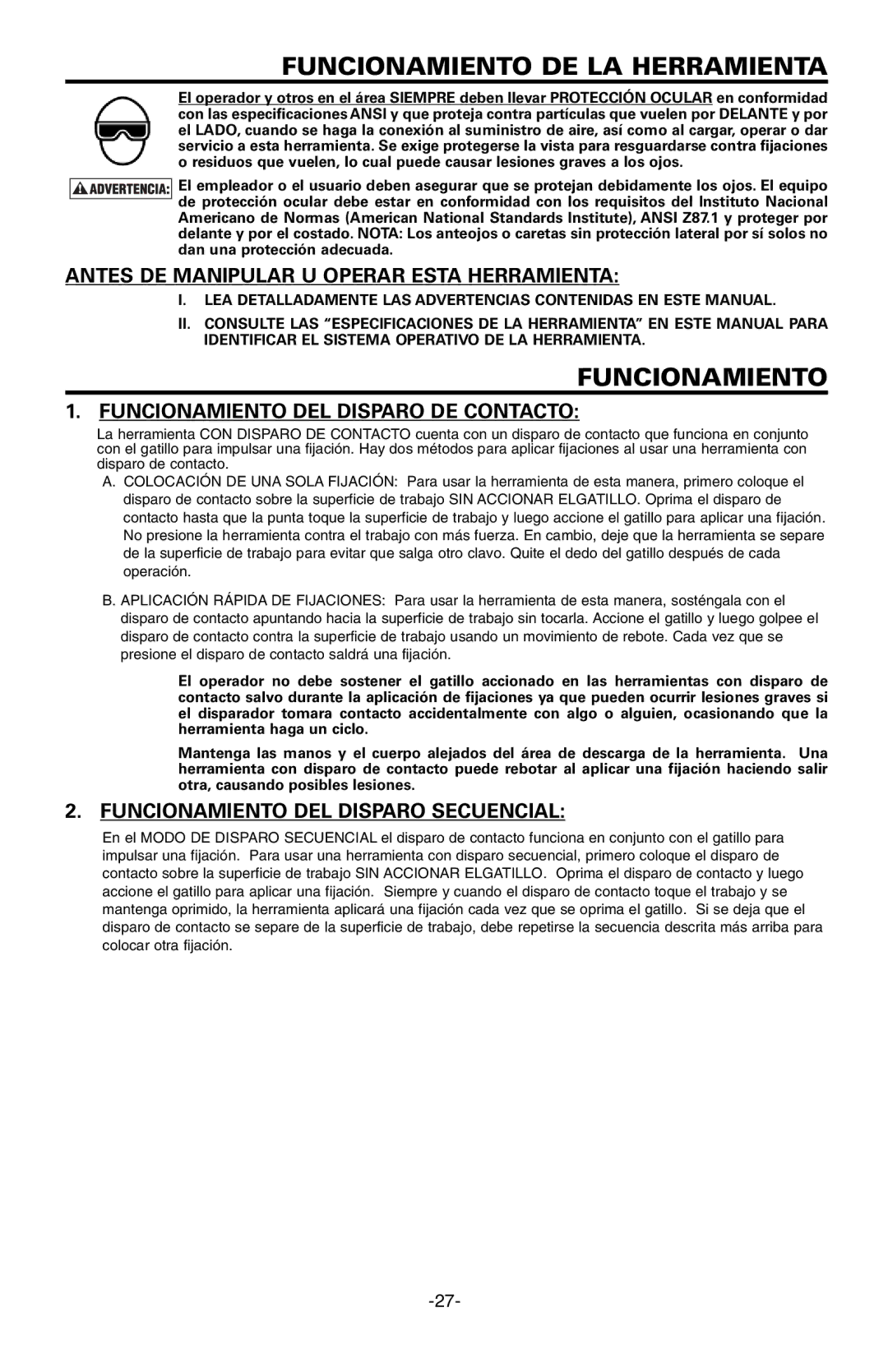 Bostitch FN1664 manual Funcionamiento DE LA Herramienta, Antes DE Manipular U Operar Esta Herramienta 