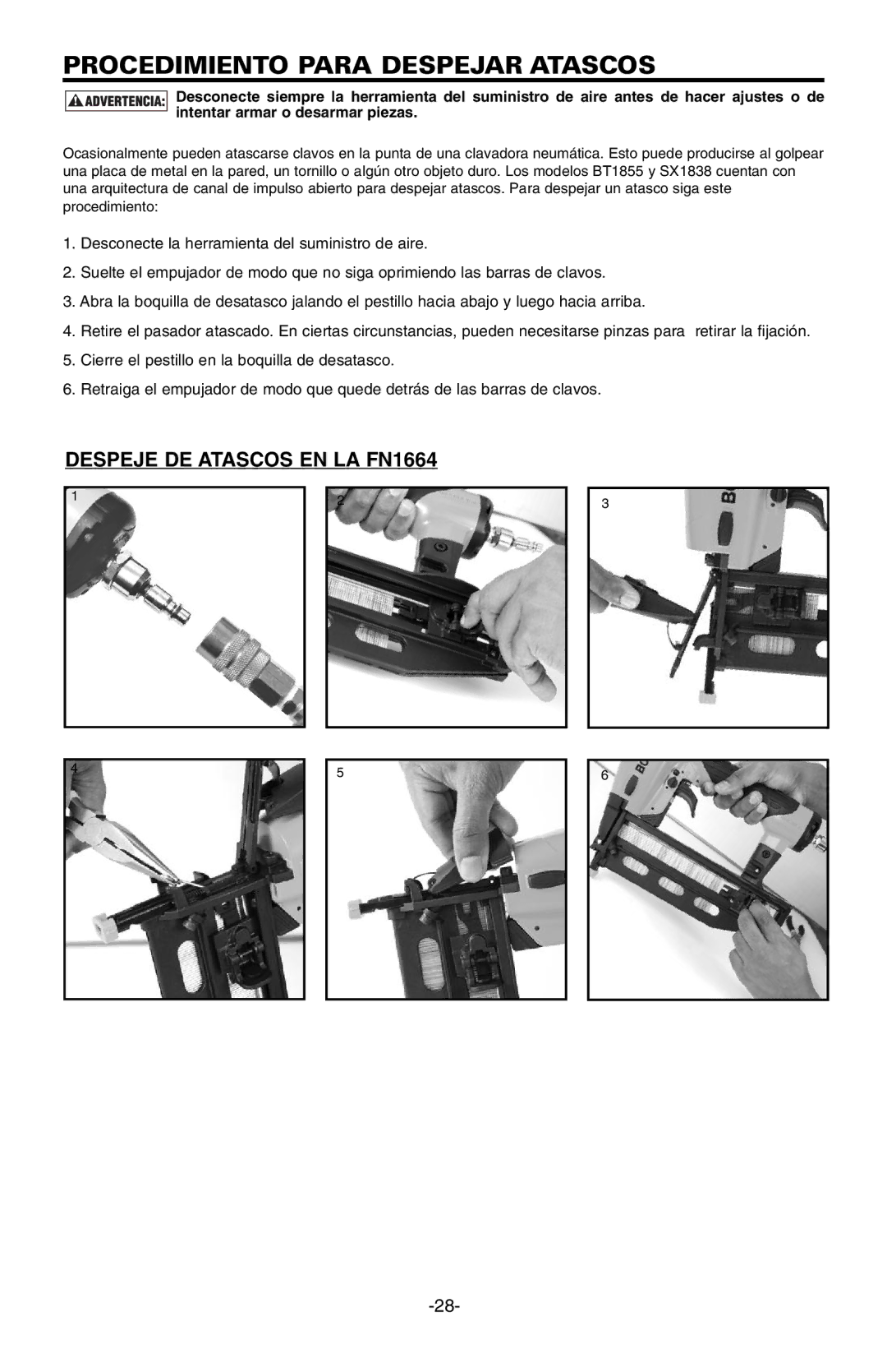 Bostitch FN1664 manual Procedimiento Para Despejar Atascos 