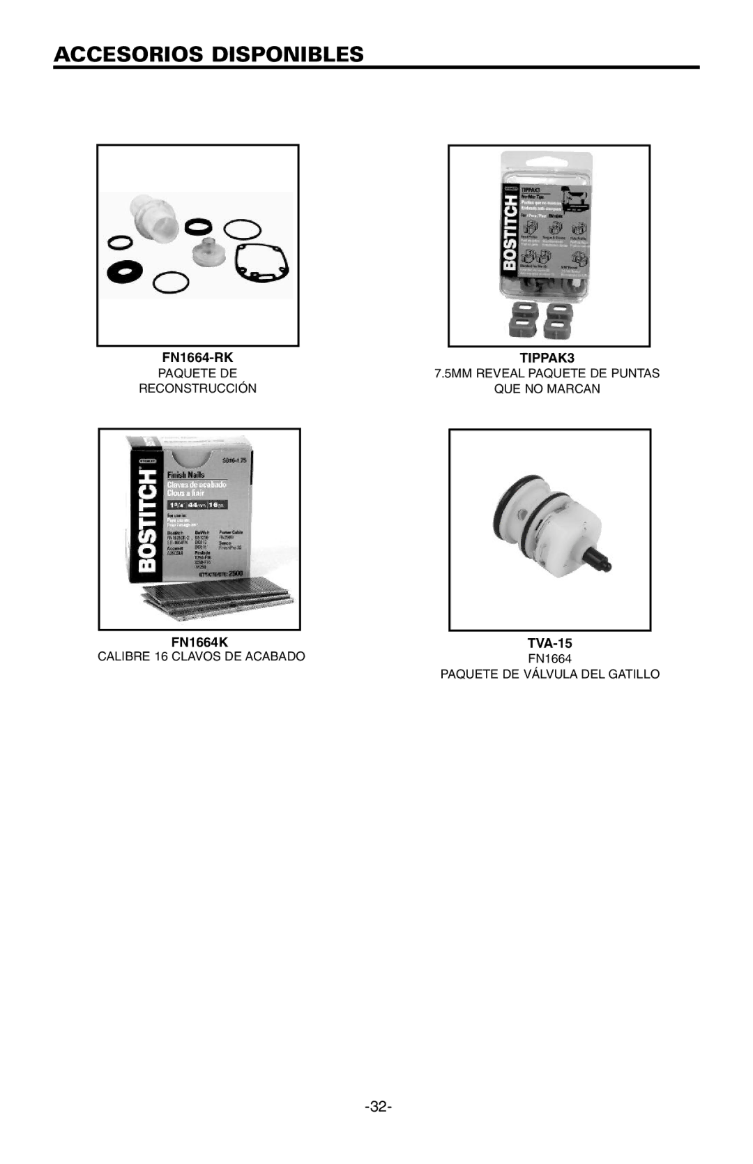 Bostitch FN1664 manual Accesorios Disponibles 