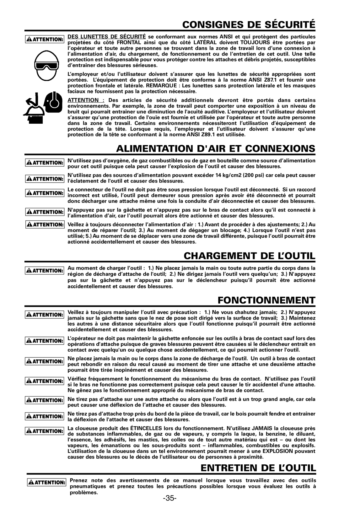 Bostitch FN1664 manual Consignes DE Sécurité, Alimentation Dair ET Connexions, Chargement DE L’OUTIL, Fonctionnement 