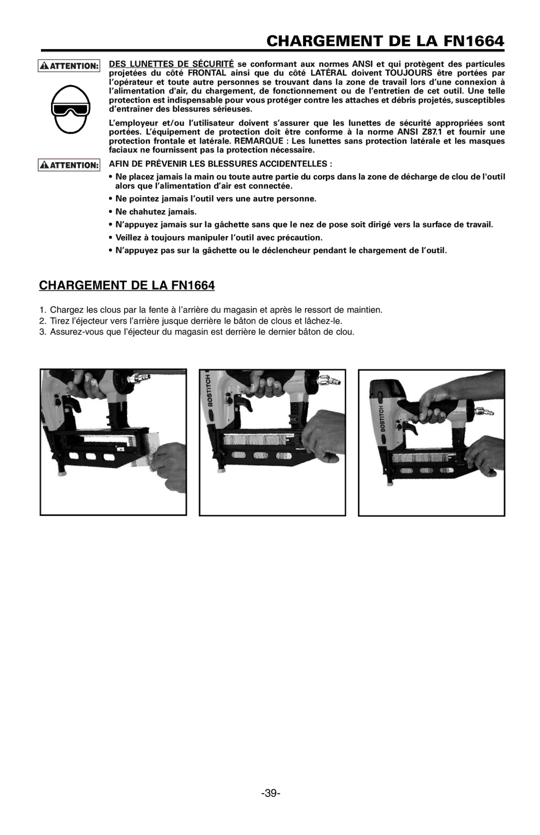 Bostitch manual Chargement DE LA FN1664, Afin DE Prévenir LES Blessures Accidentelles 