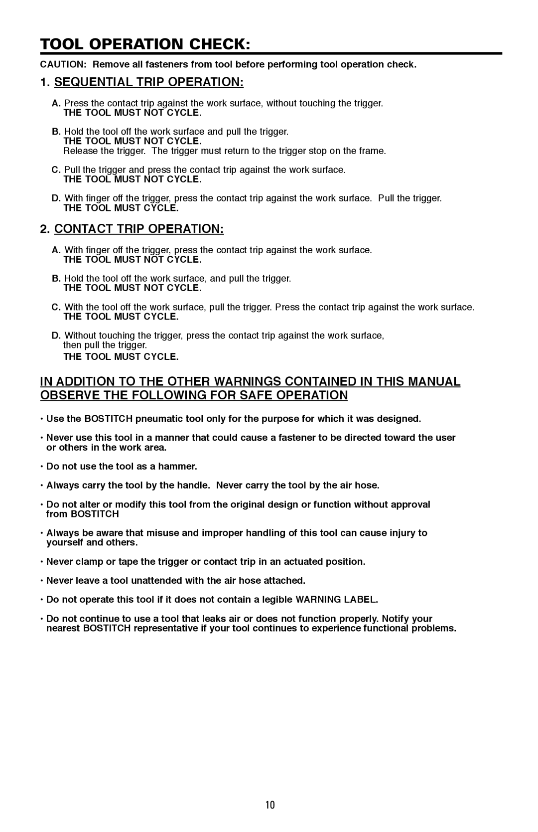 Bostitch LPF21PL manual Tool Operation Check, Tool Must not Cycle, Tool Must Cycle 