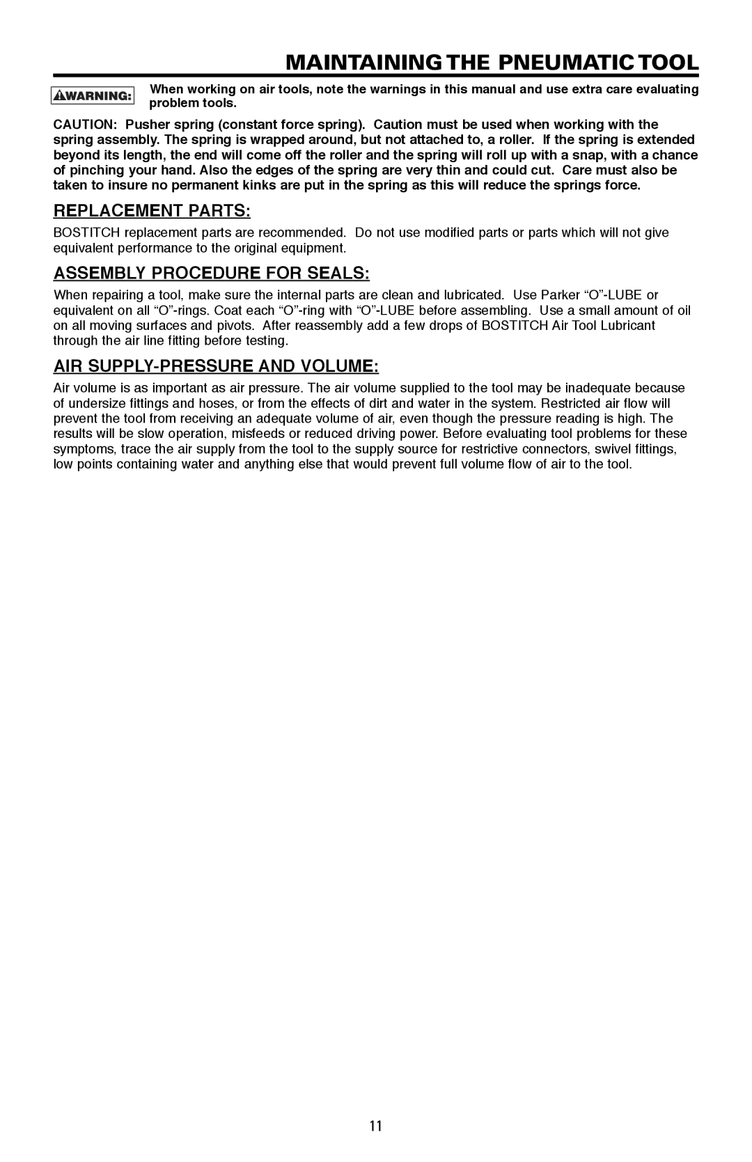 Bostitch LPF21PL manual Maintaining the Pneumatic Tool, Replacement Parts, Assembly Procedure for Seals 