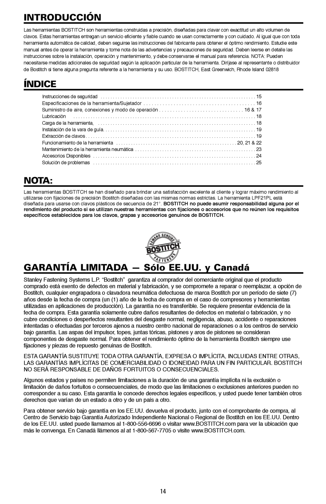 Bostitch LPF21PL manual Introducción, Índice, Nota 