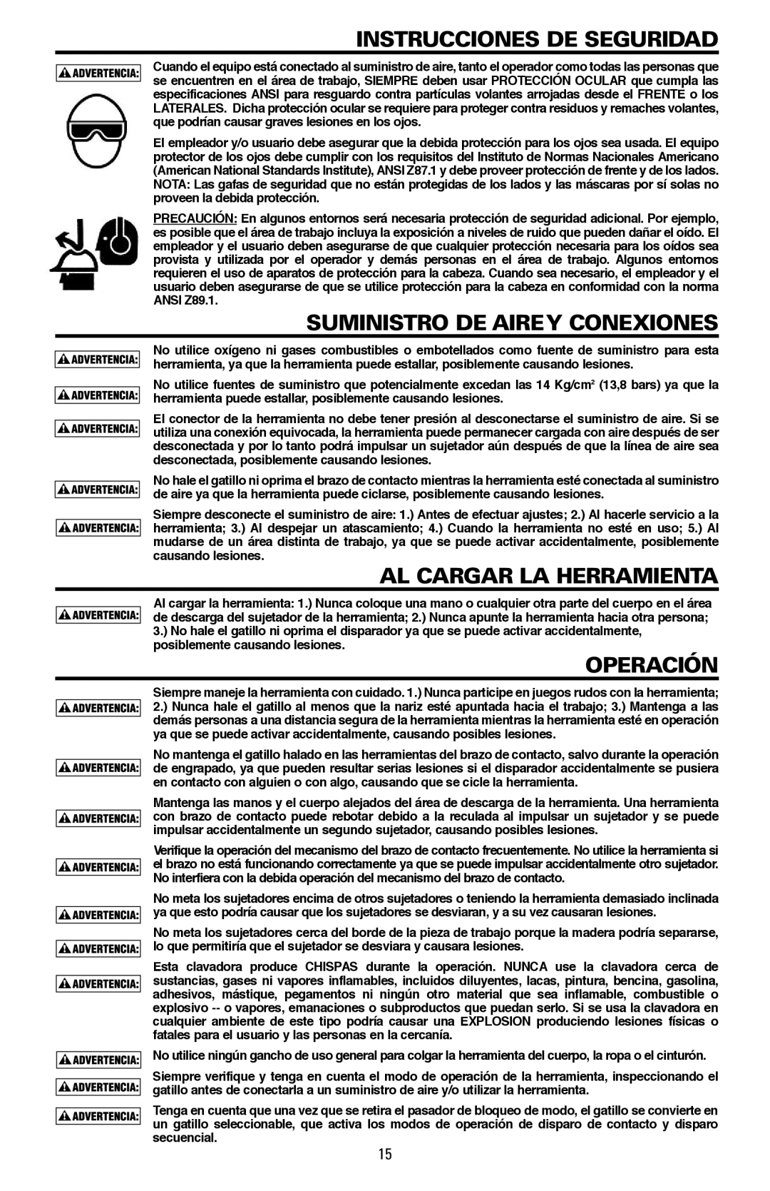 Bostitch LPF21PL manual Instrucciones DE Seguridad, Suministro DE Airey Conexiones, AL Cargar LA Herramienta, Operación 