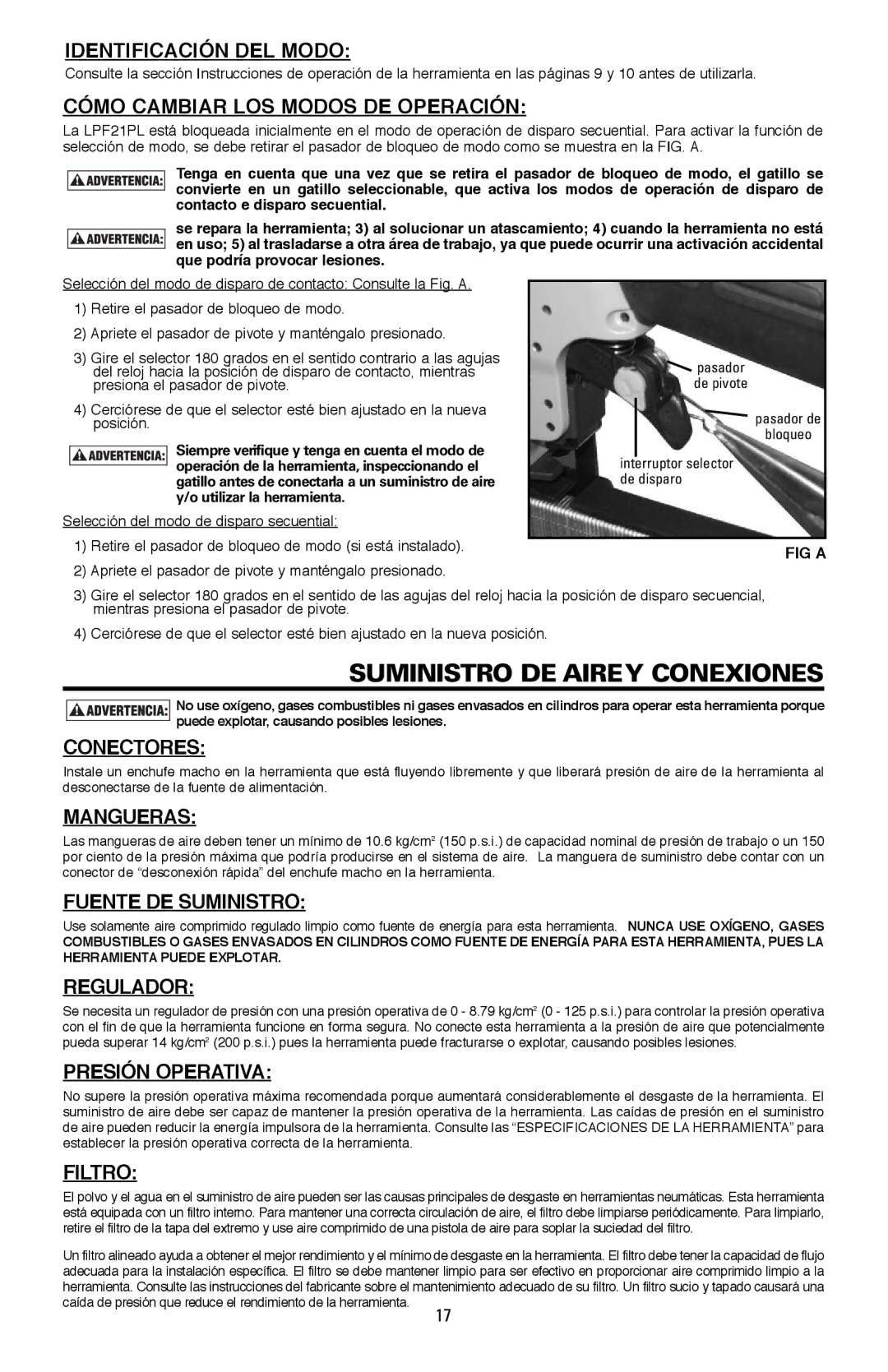 Bostitch LPF21PL Identificación DEL Modo, Cómo Cambiar LOS Modos DE Operación, Conectores, Mangueras, Fuente DE Suministro 