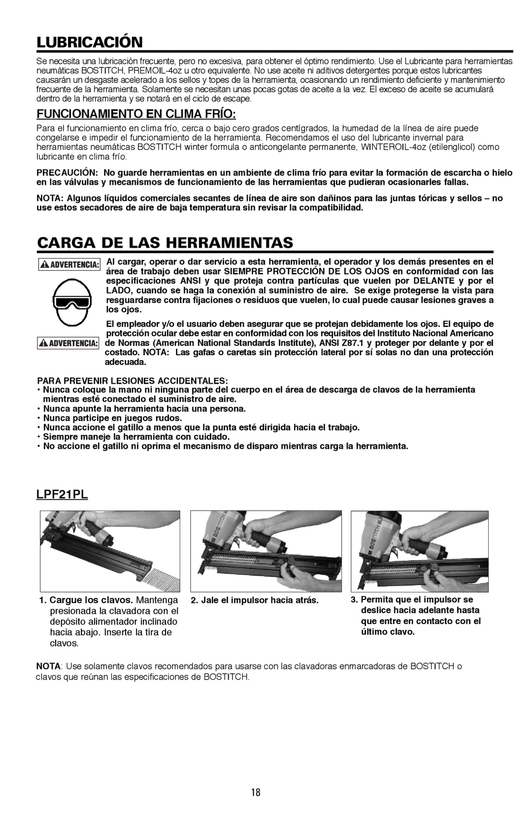 Bostitch LPF21PL Lubricación, Carga DE LAS Herramientas, Funcionamiento EN Clima Frío, Para Prevenir Lesiones Accidentales 