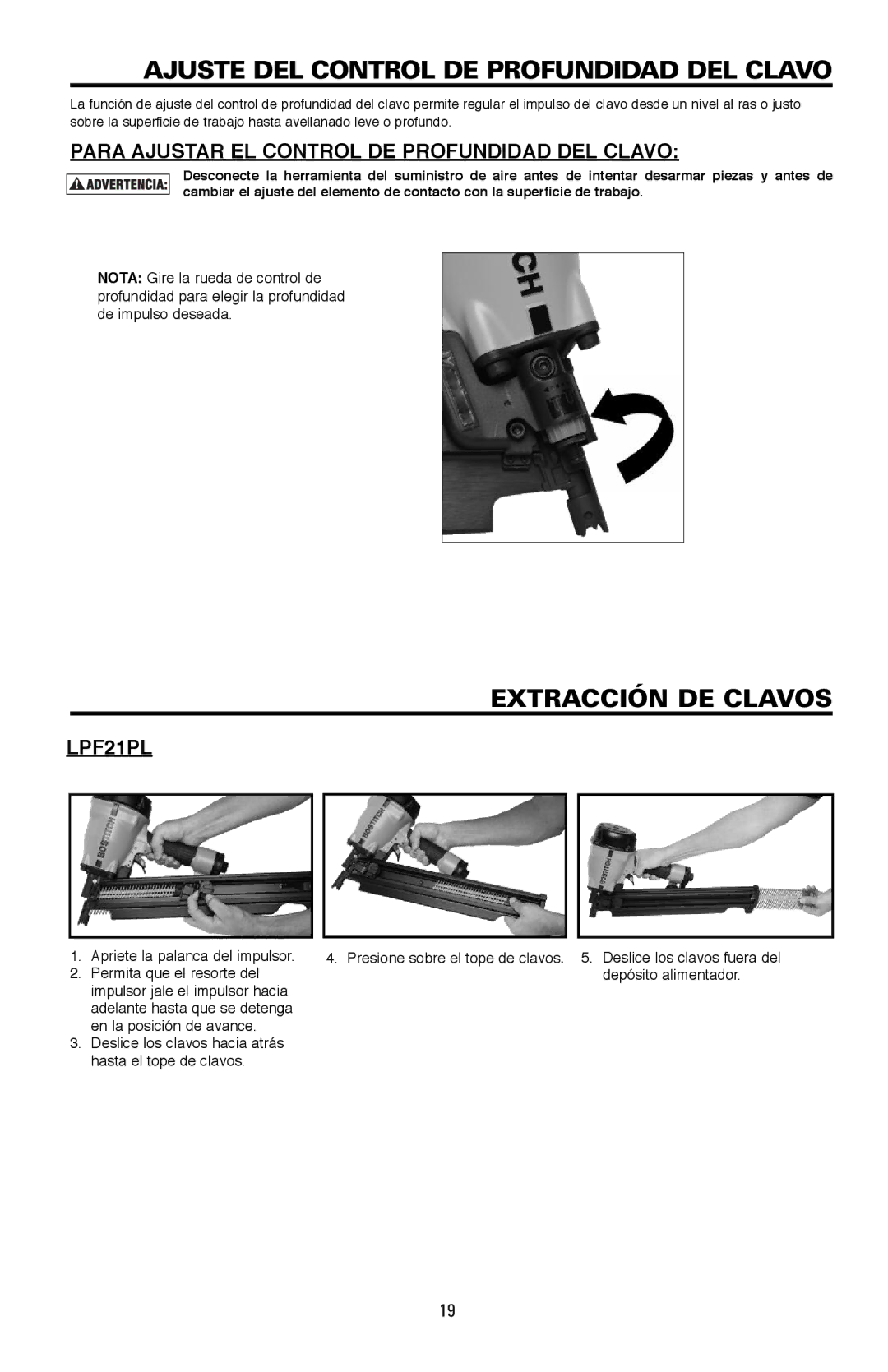 Bostitch LPF21PL manual Ajuste DEL Control DE Profundidad DEL Clavo, Extracción DE Clavos 