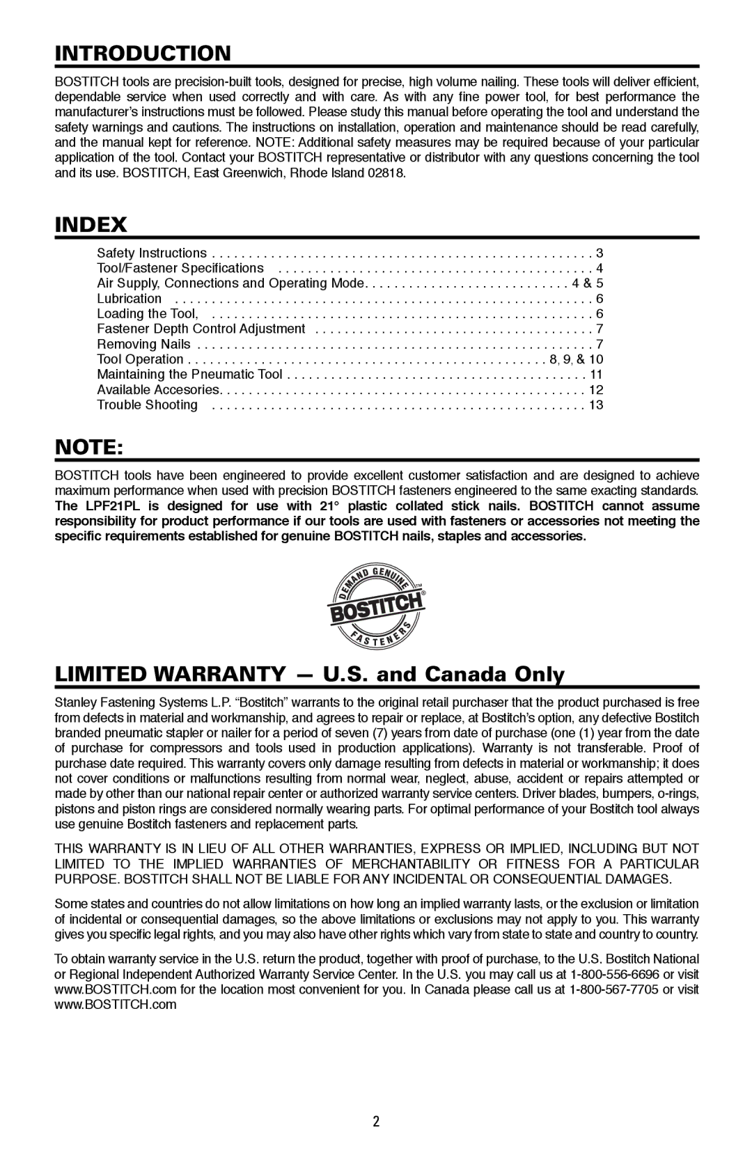 Bostitch LPF21PL manual Introduction, Index 