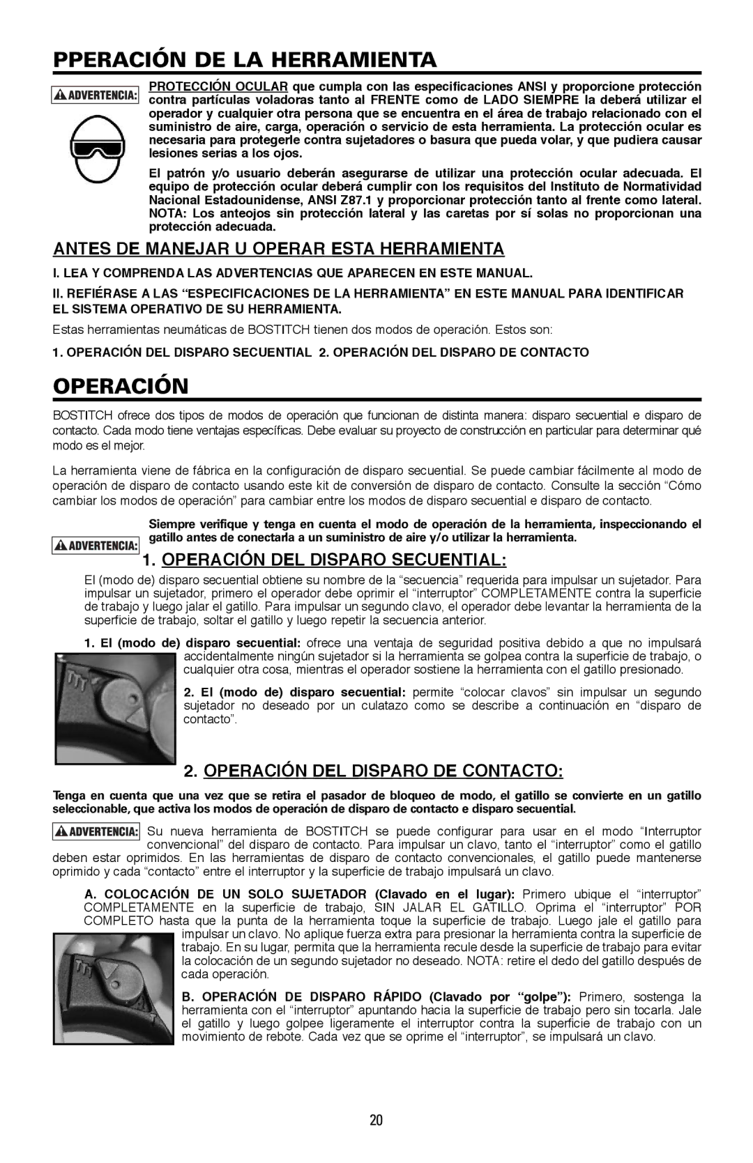 Bostitch LPF21PL Pperación DE LA Herramienta, Antes DE Manejar U Operar Esta Herramienta, Operación DEL Disparo Secuential 