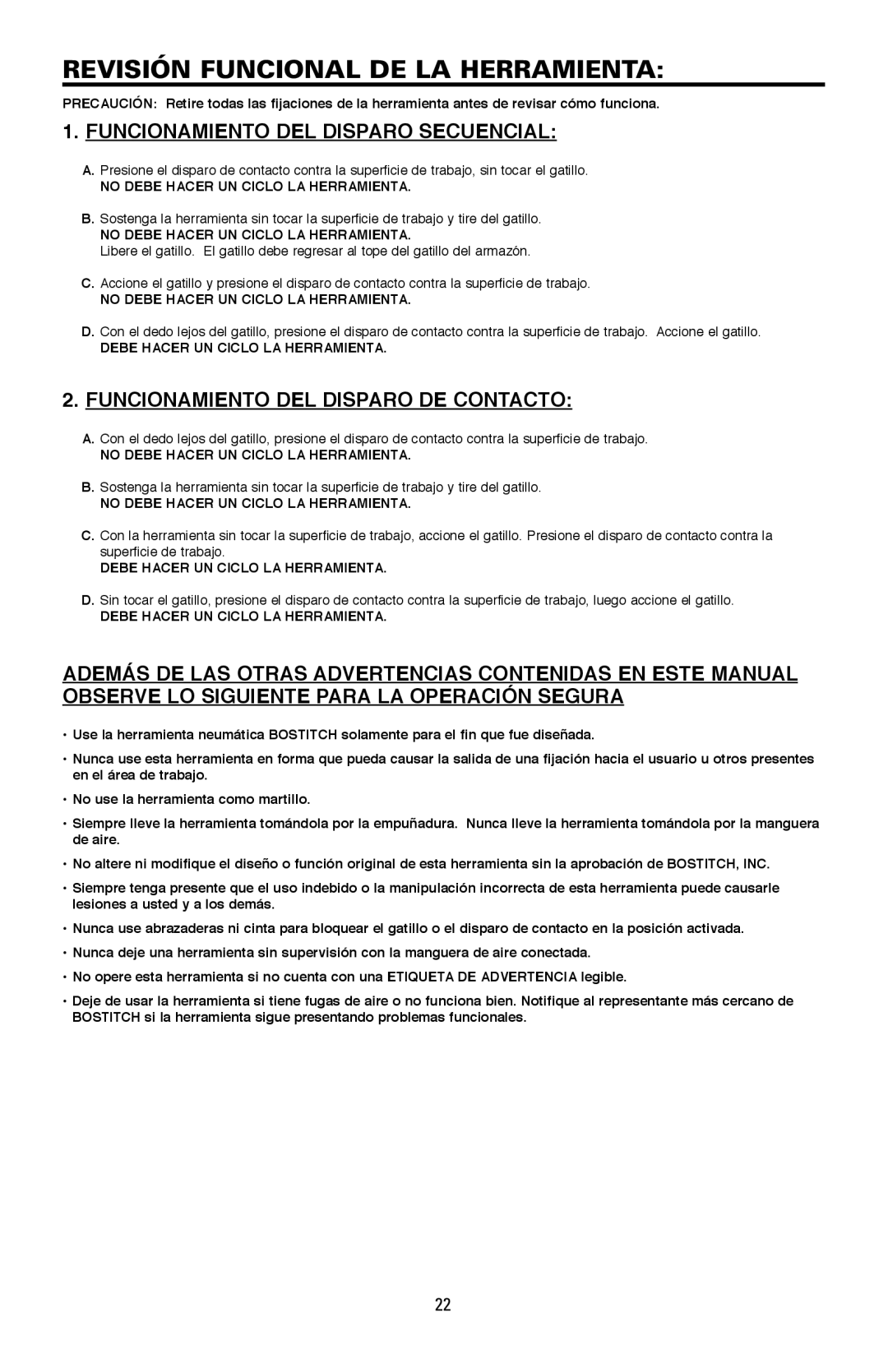 Bostitch LPF21PL manual Revisión Funcional DE LA Herramienta, Funcionamiento DEL Disparo Secuencial 